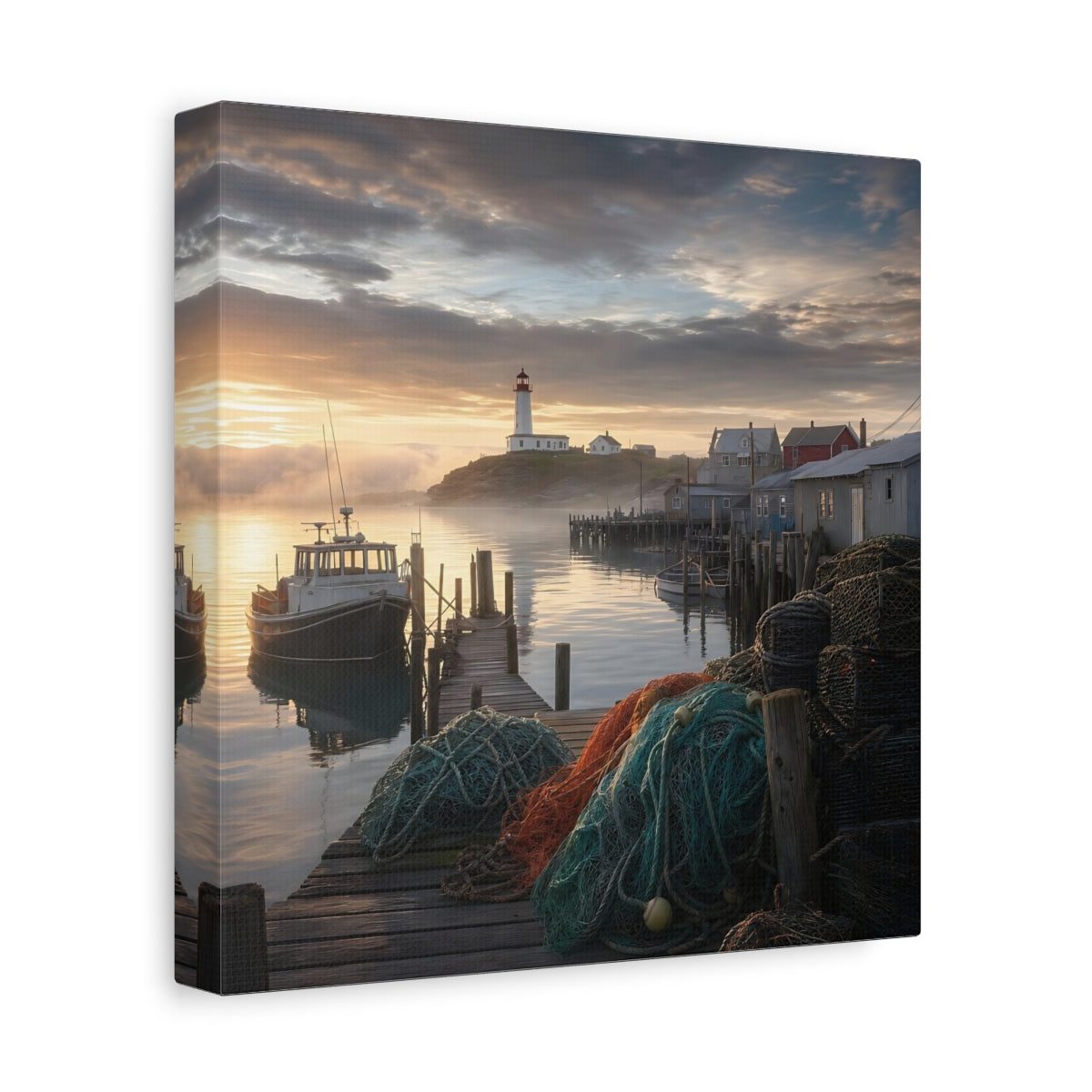 Side Mockup 9. Nature Lighthouse Harbor Golden Harbor shown as stretched canvas wall art