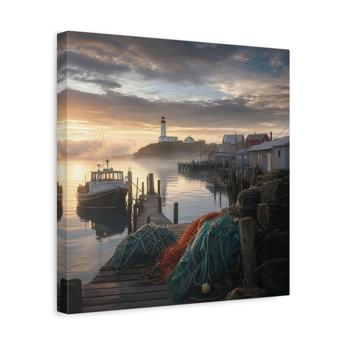 Side Mockup 7. Nature Lighthouse Harbor Golden Harbor shown as stretched canvas wall art