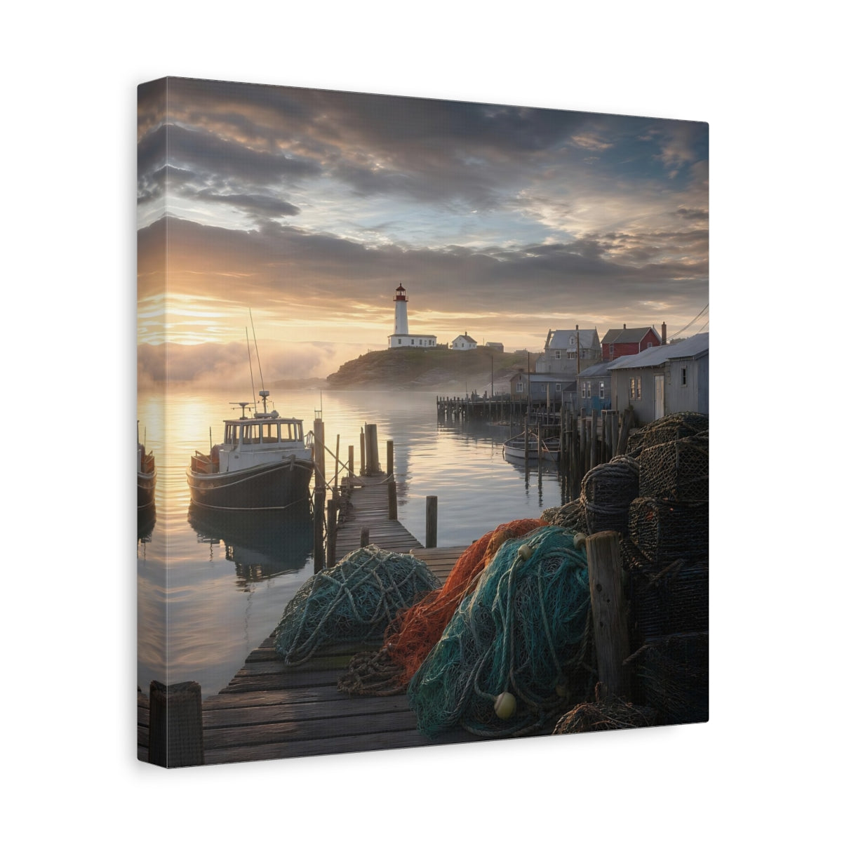 Side Mockup 8. Nature Lighthouse Harbor Golden Harbor shown as stretched canvas wall art