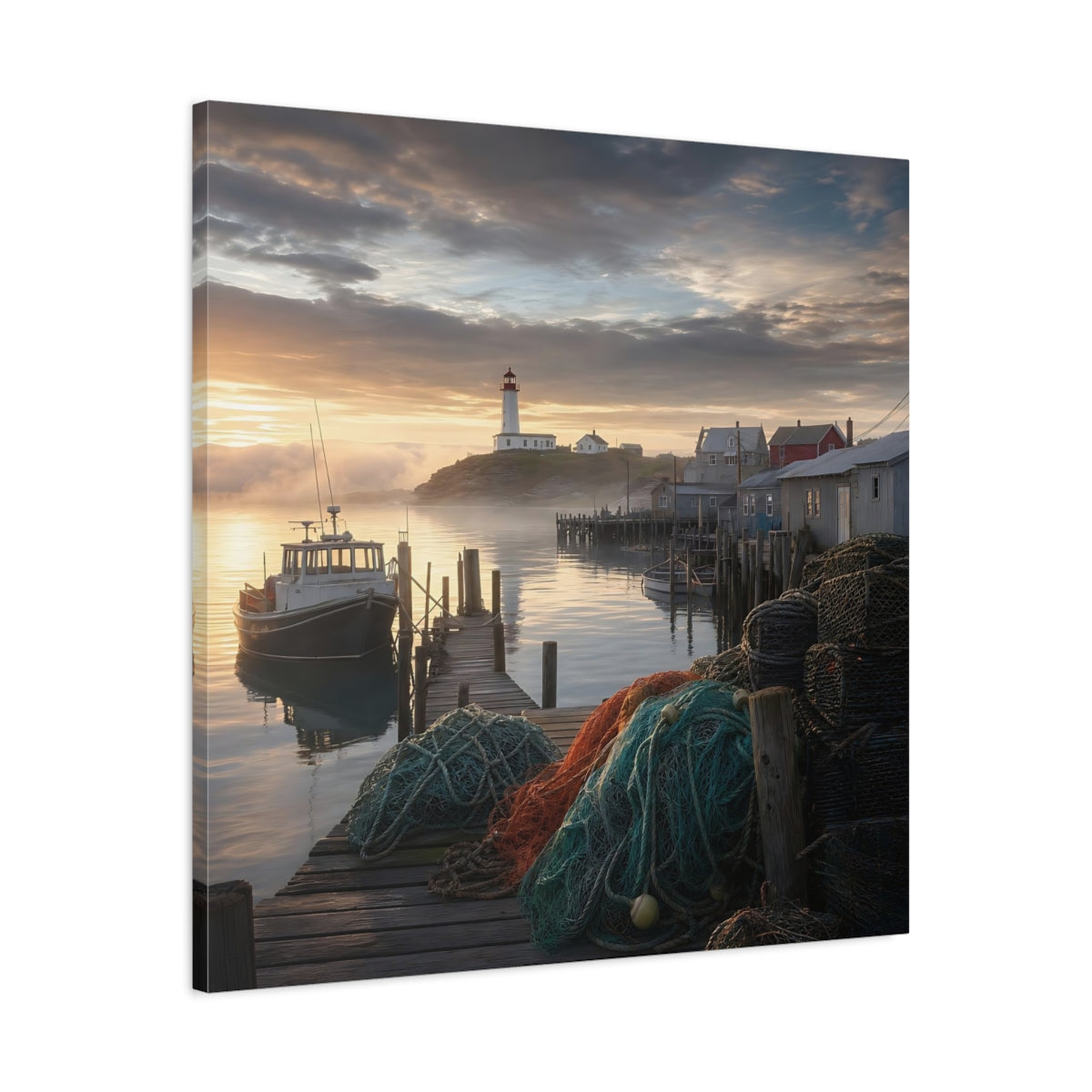 Side Mockup 3. Nature Lighthouse Harbor Golden Harbor shown as stretched canvas wall art