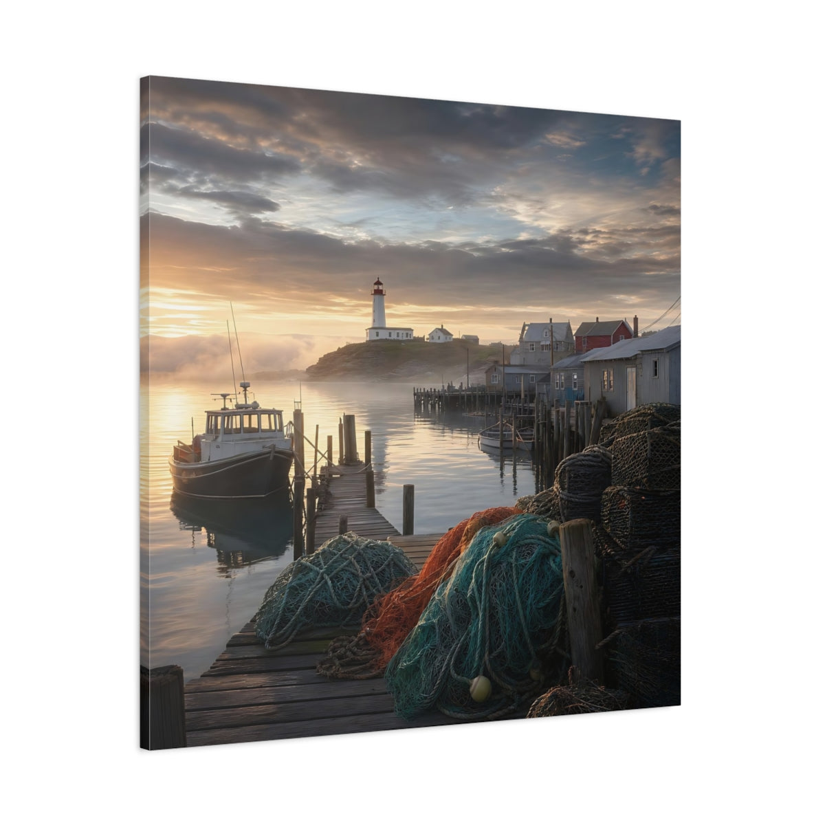 Side Mockup 1. Nature Lighthouse Harbor Golden Harbor shown as stretched canvas wall art
