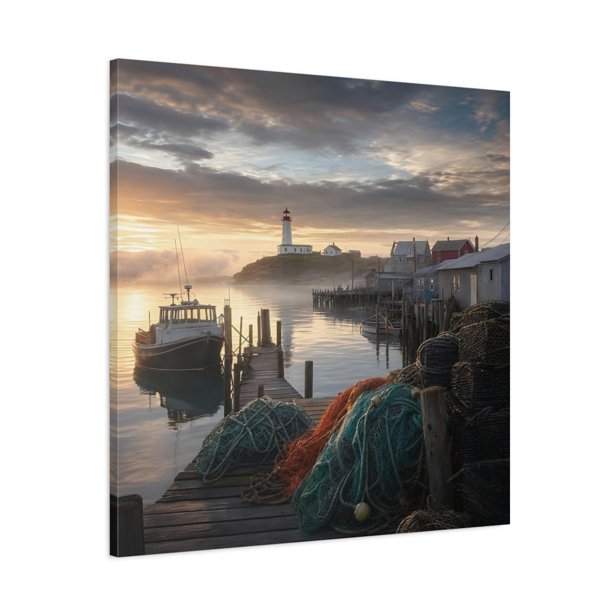 Main Mockup. Nature Lighthouse Harbor Golden Harbor shown as stretched canvas wall art