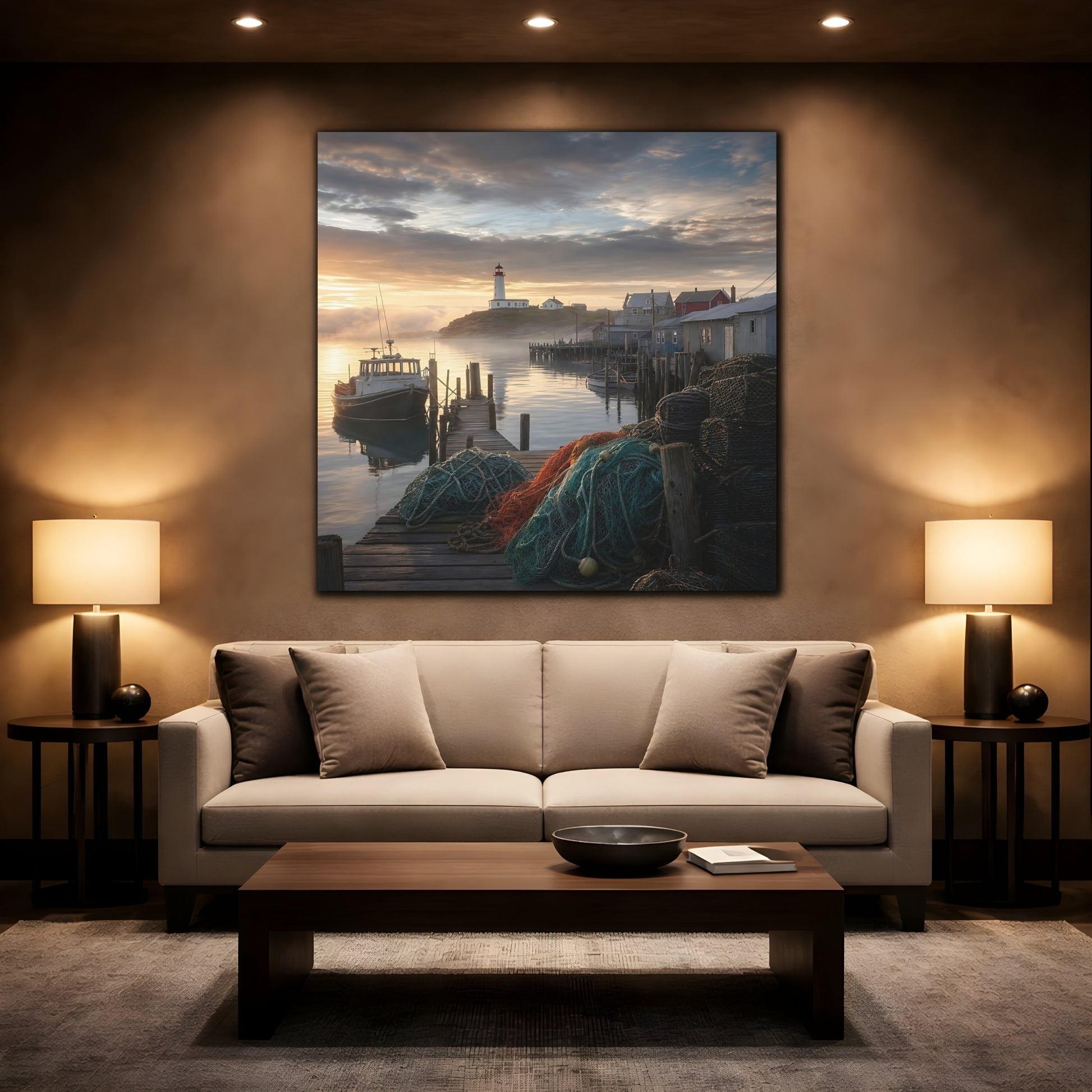 Mockup 2. Nature Lighthouse Harbor Golden Harbor shown as stretched canvas wall art