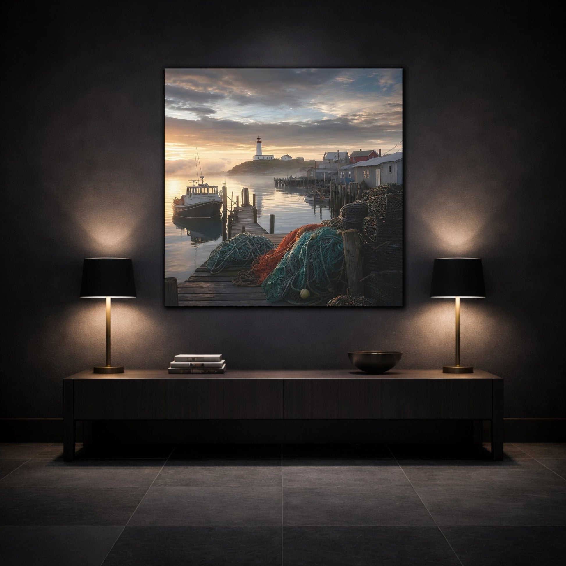 Mockup 3. Nature Lighthouse Harbor Golden Harbor shown as stretched canvas wall art