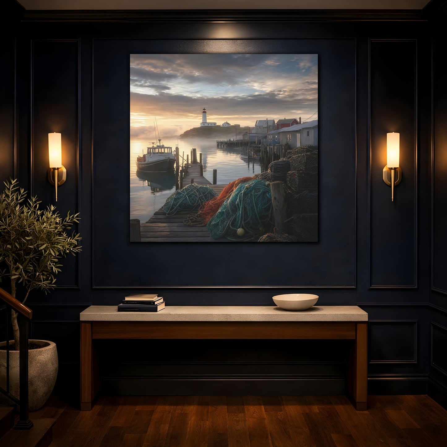 Mockup 4. Nature Lighthouse Harbor Golden Harbor shown as stretched canvas wall art