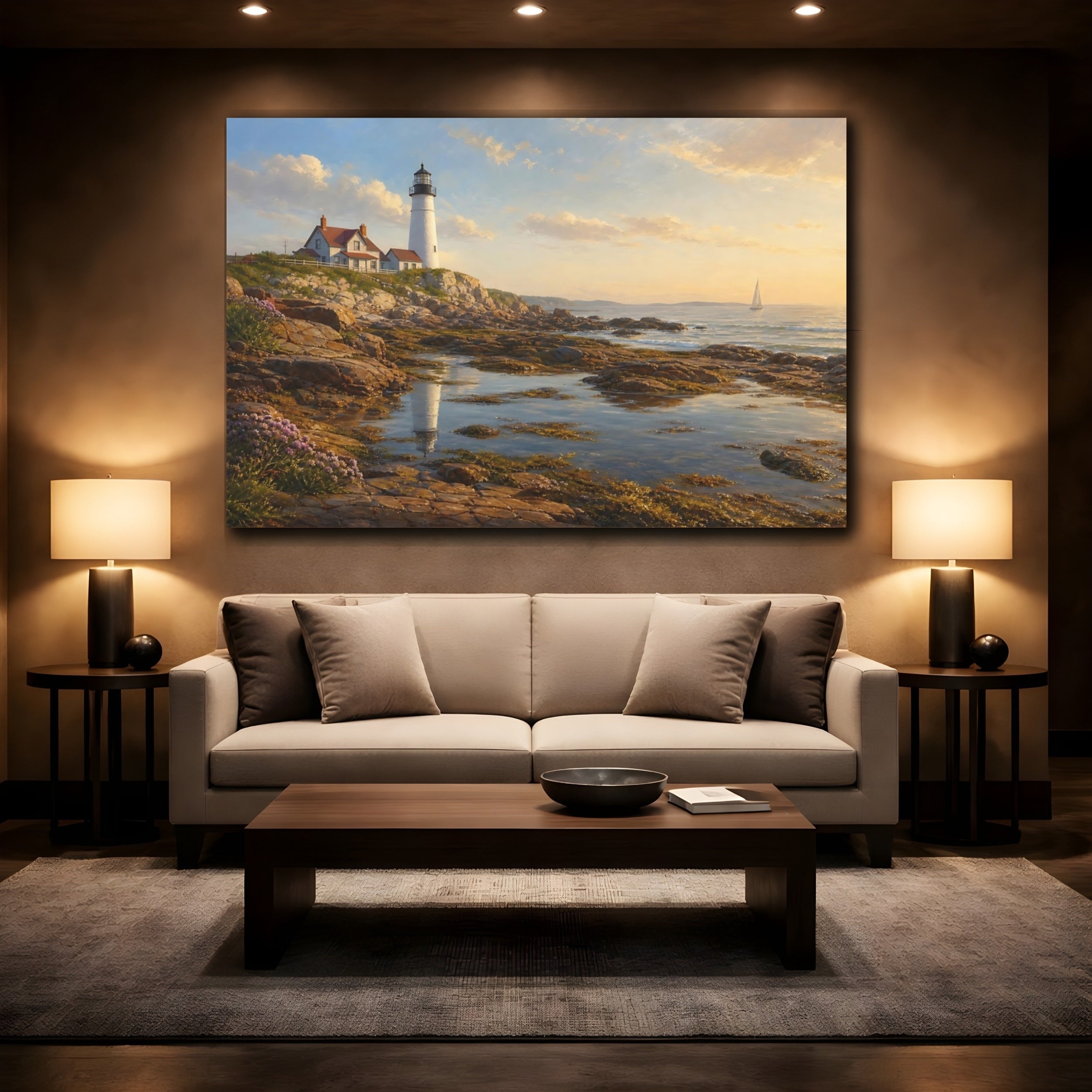 Mockup 2. Nature Lighthouse Lighthouse Coastal Golden shown as stretched canvas wall art