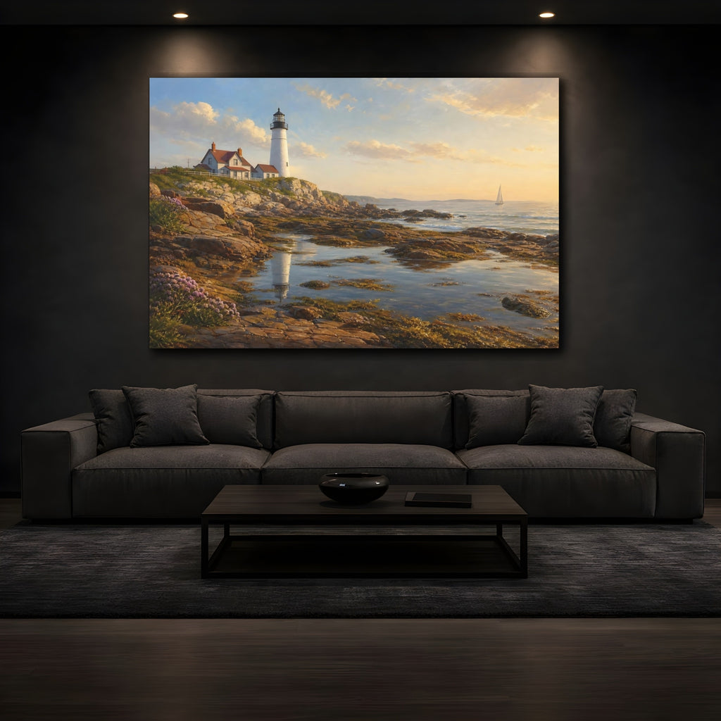 Mockup 3. Nature Lighthouse Lighthouse Coastal Golden shown as stretched canvas wall art