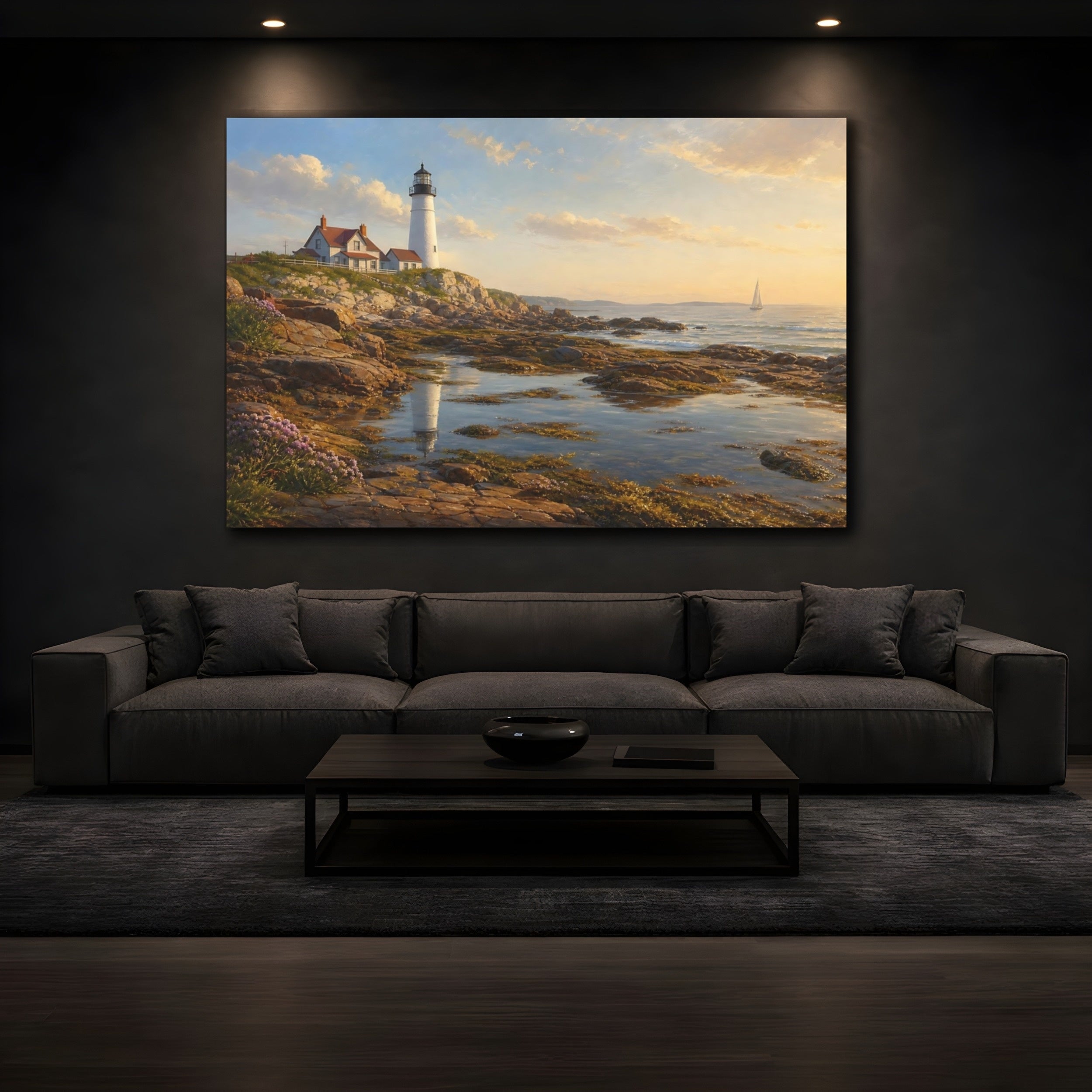 Mockup 3. Nature Lighthouse Lighthouse Coastal Golden shown as stretched canvas wall art