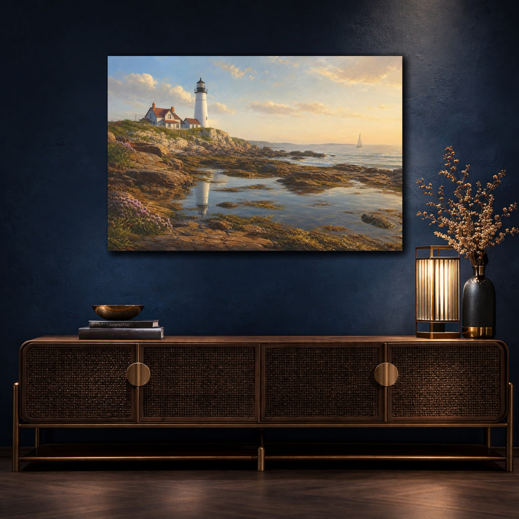 Mockup 4. Nature Lighthouse Lighthouse Coastal Golden shown as stretched canvas wall art