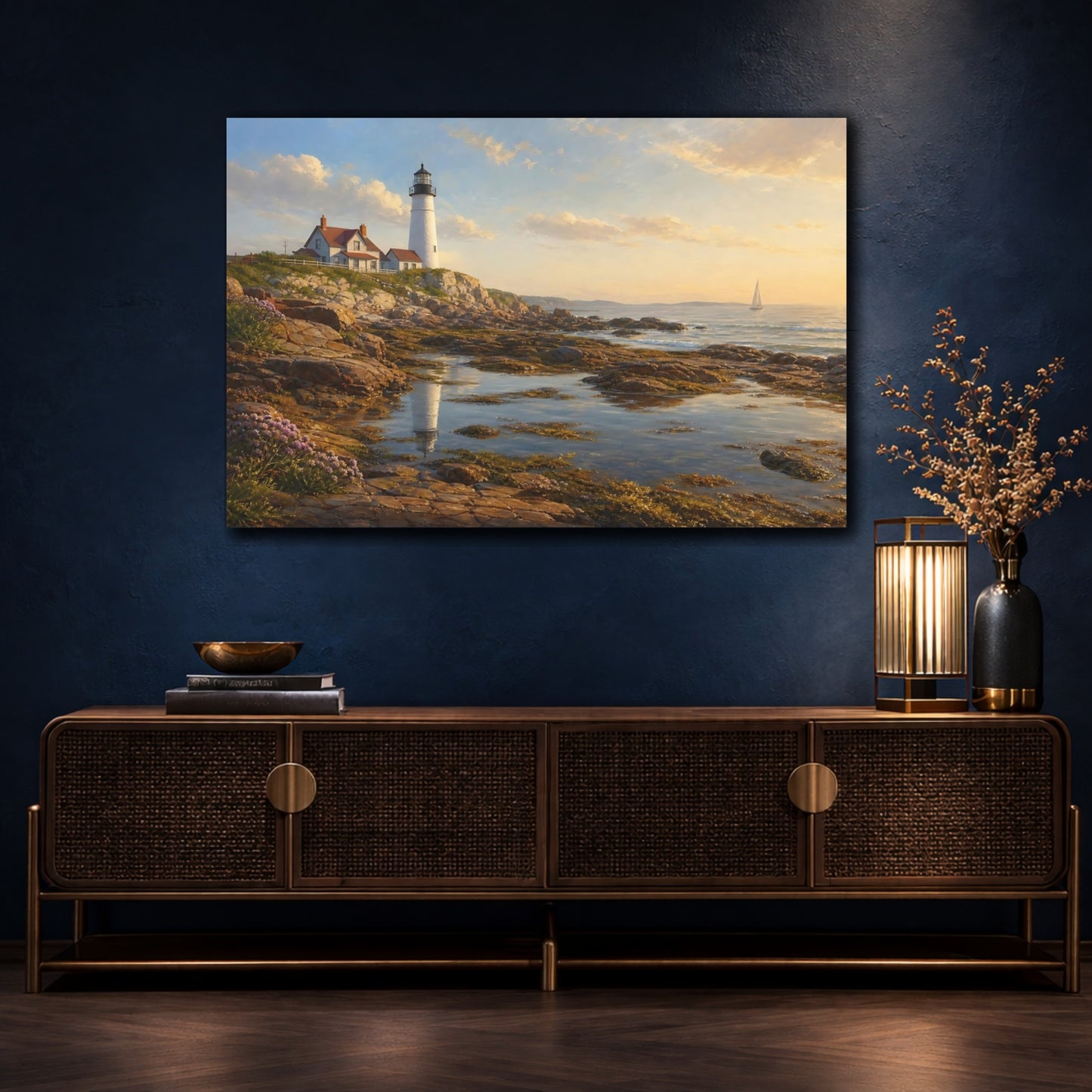 Mockup 4. Nature Lighthouse Lighthouse Coastal Golden shown as stretched canvas wall art