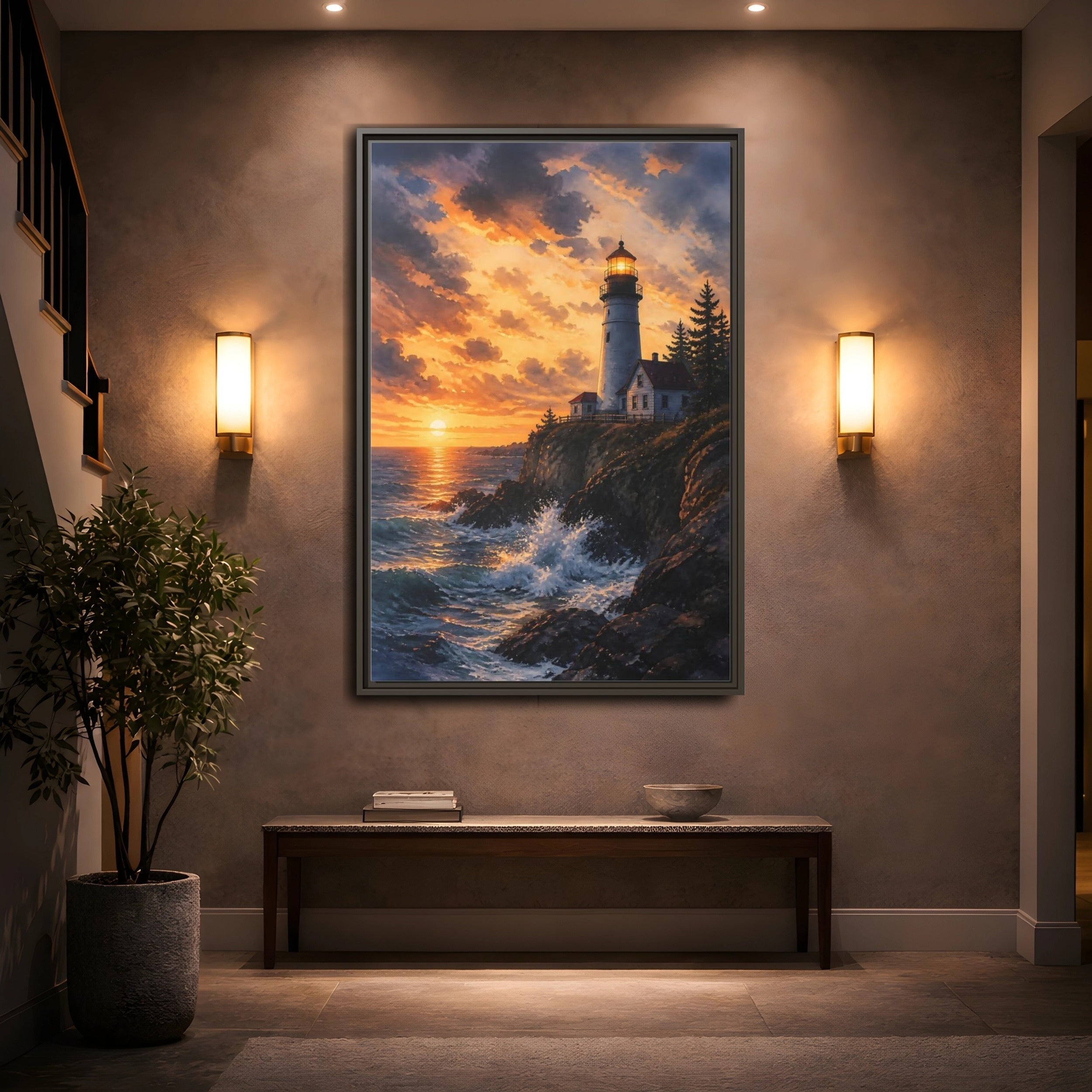 Mockup 2. Nature Lighthouse Lighthouse Sunset shown as stretched canvas wall art