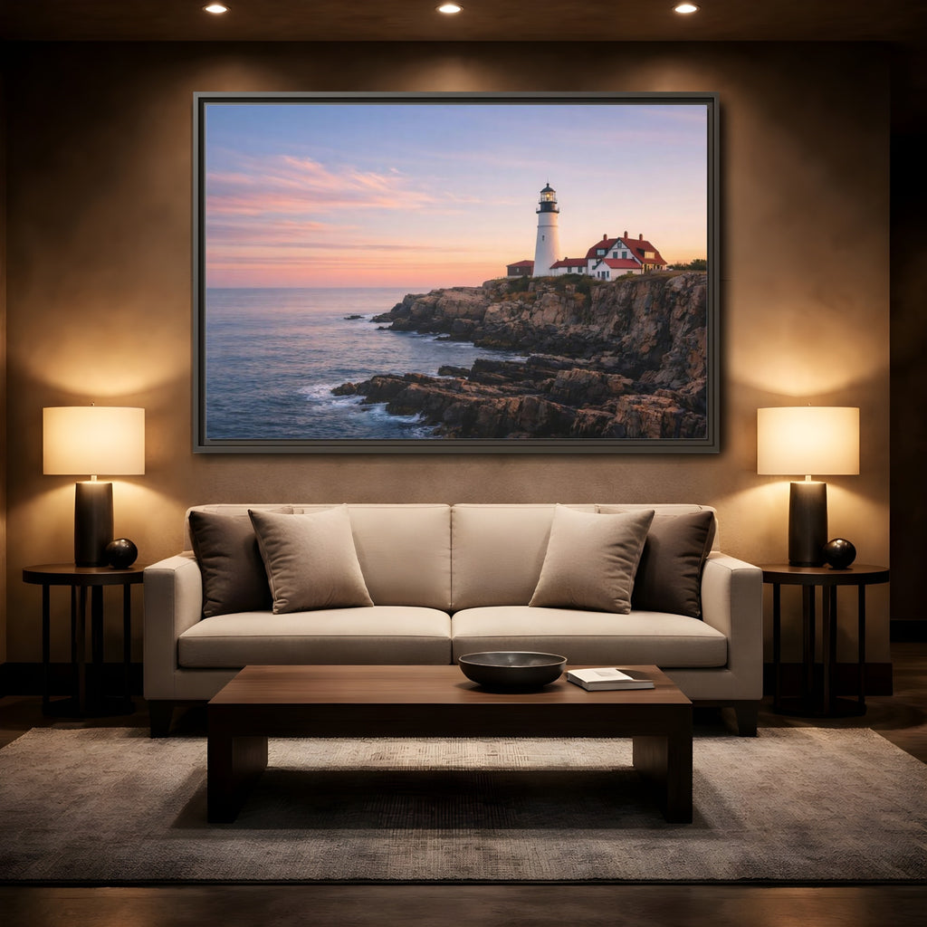 Mockup 2. Nature Lighthouse Lighthouse Sunset shown as stretched canvas wall art
