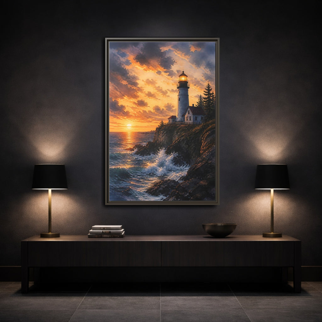 Mockup 3. Nature Lighthouse Lighthouse Sunset shown as stretched canvas wall art