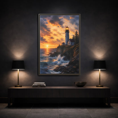 Mockup 3. Nature Lighthouse Lighthouse Sunset shown as stretched canvas wall art