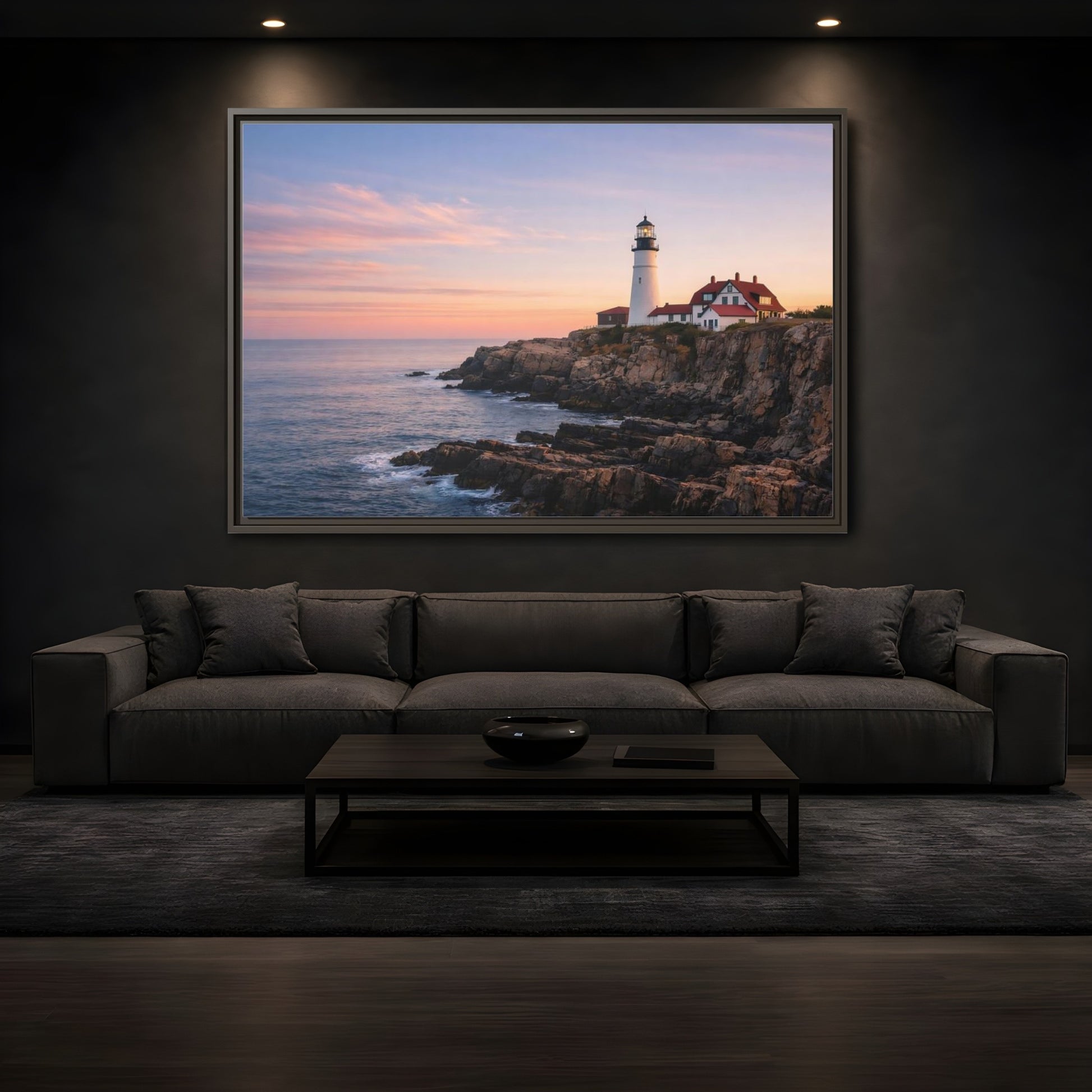 Mockup 3. Nature Lighthouse Lighthouse Sunset shown as stretched canvas wall art