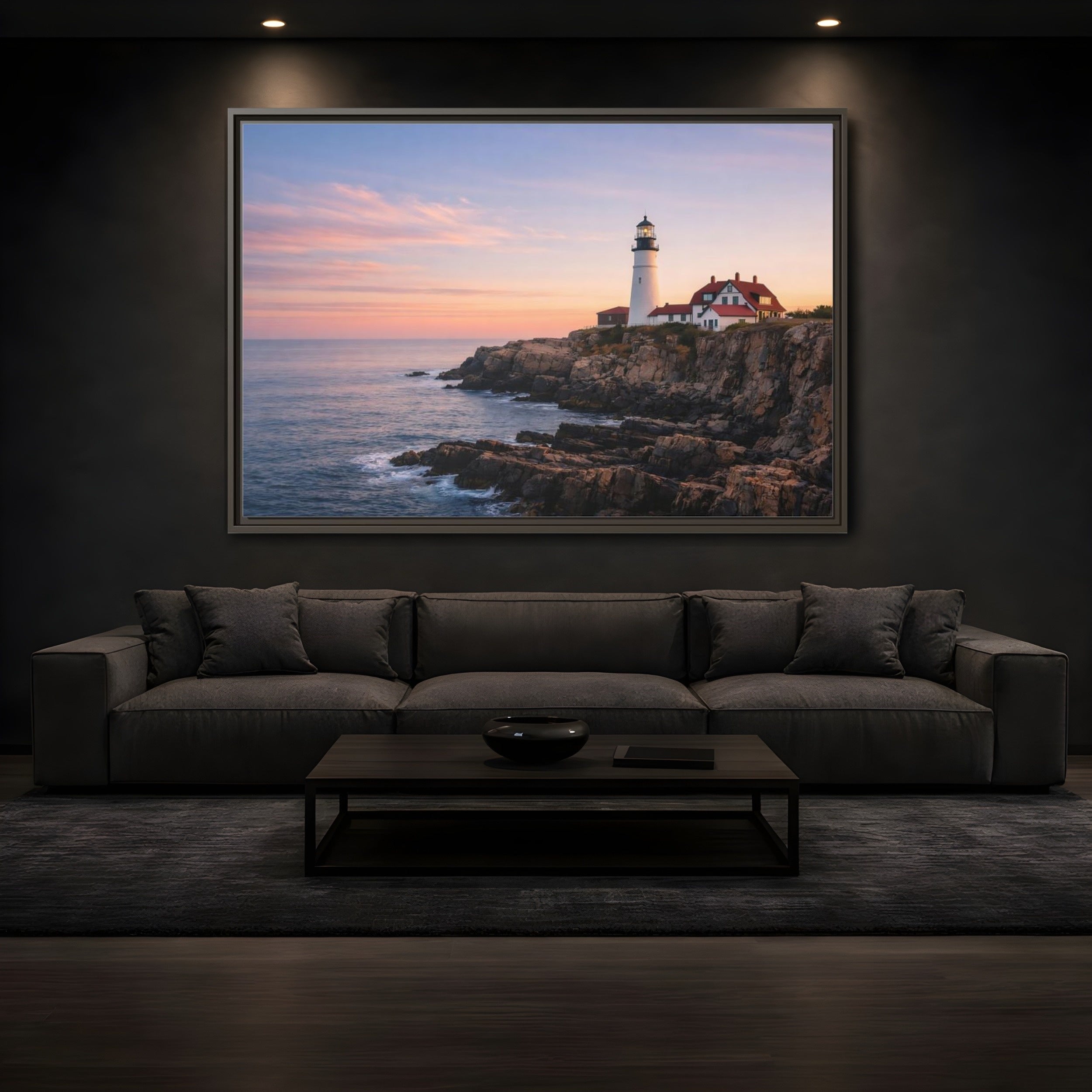 Mockup 3. Nature Lighthouse Lighthouse Sunset shown as stretched canvas wall art