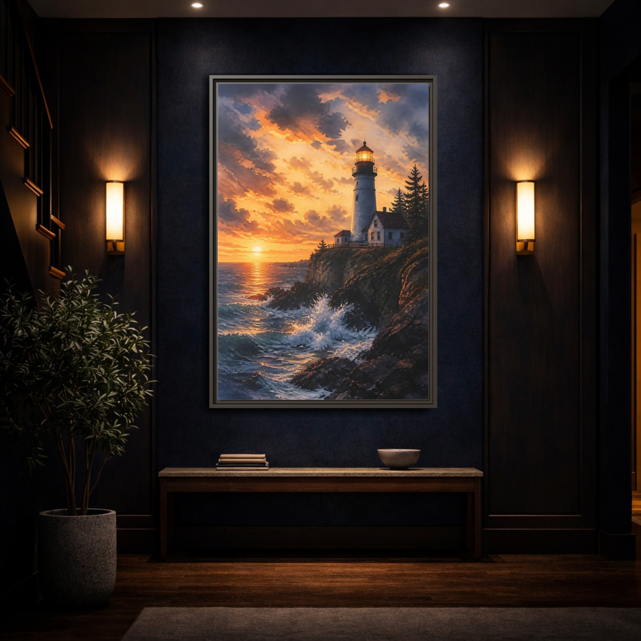 Mockup 4. Nature Lighthouse Lighthouse Sunset shown as stretched canvas wall art