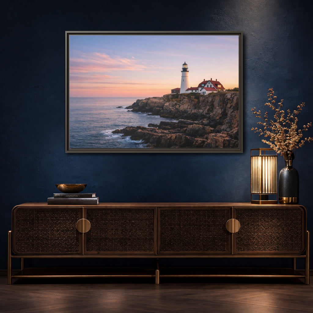 Mockup 4. Nature Lighthouse Lighthouse Sunset shown as stretched canvas wall art