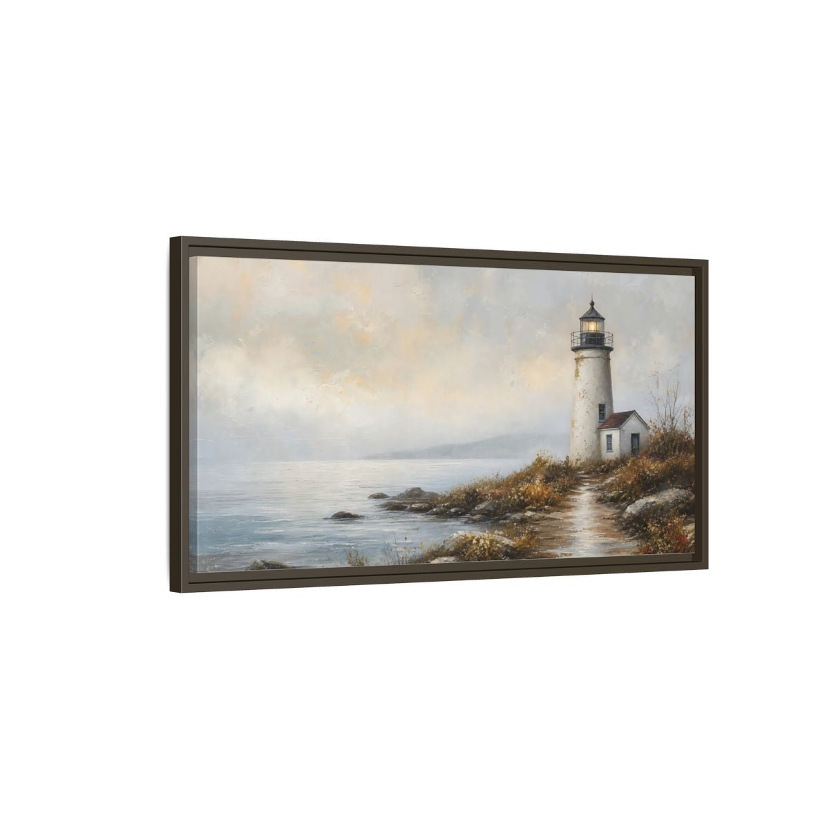 Main Mockup. Nature Lighthouse Misty Coastal shown as stretched canvas wall art