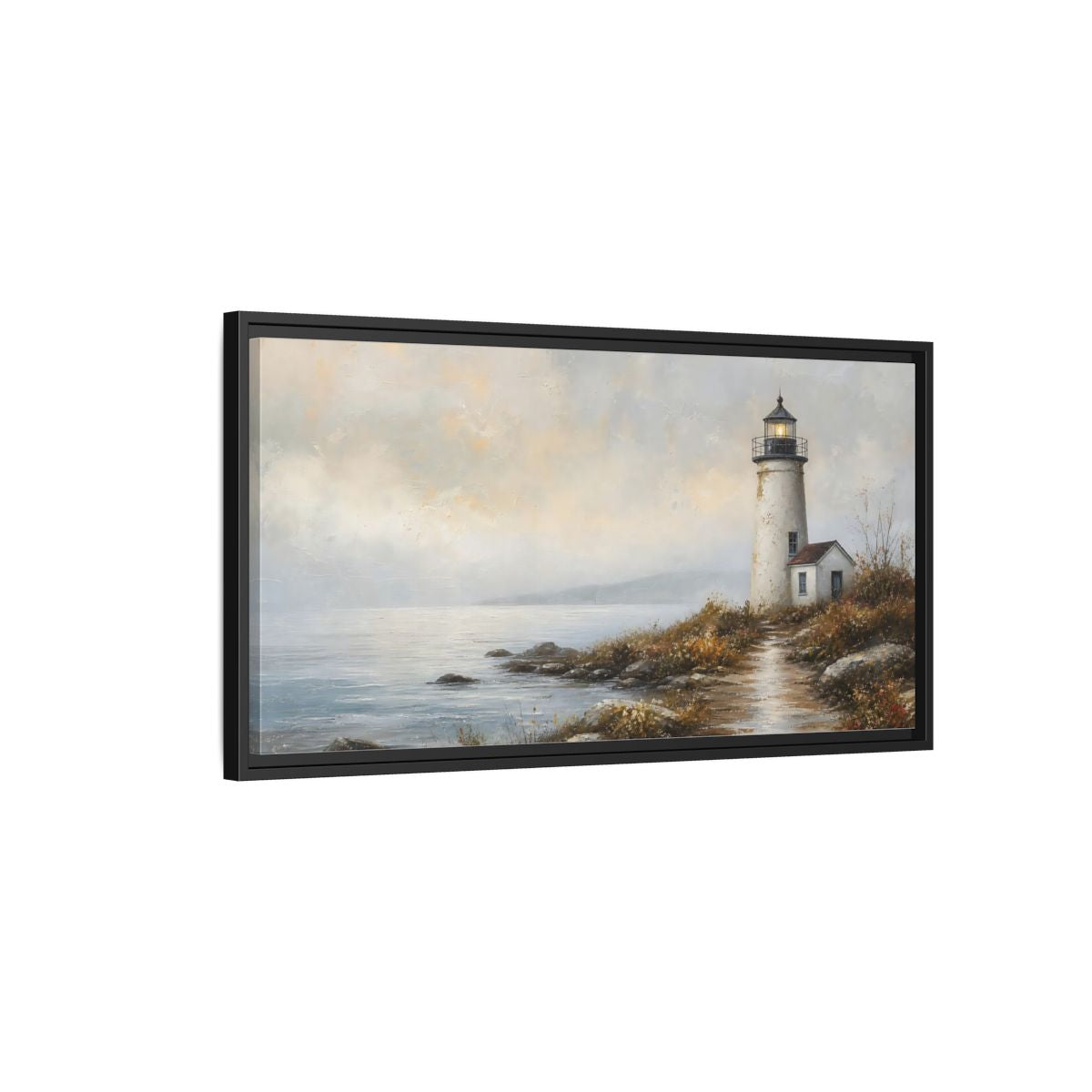 Side Mockup 2. Nature Lighthouse Misty Coastal shown as stretched canvas wall art