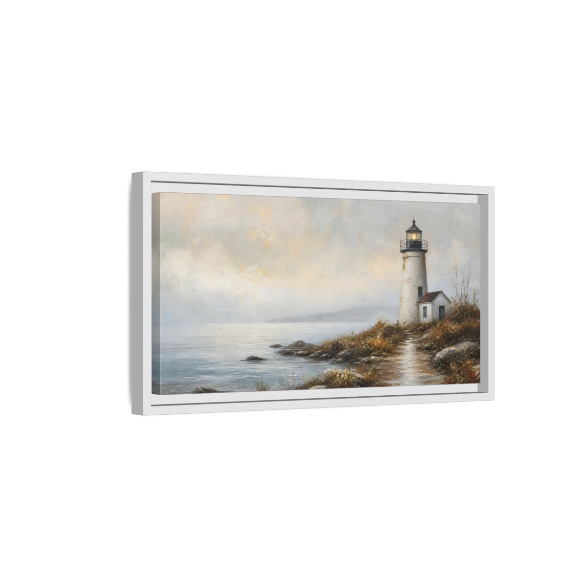 Side Mockup 6. Nature Lighthouse Misty Coastal shown as stretched canvas wall art