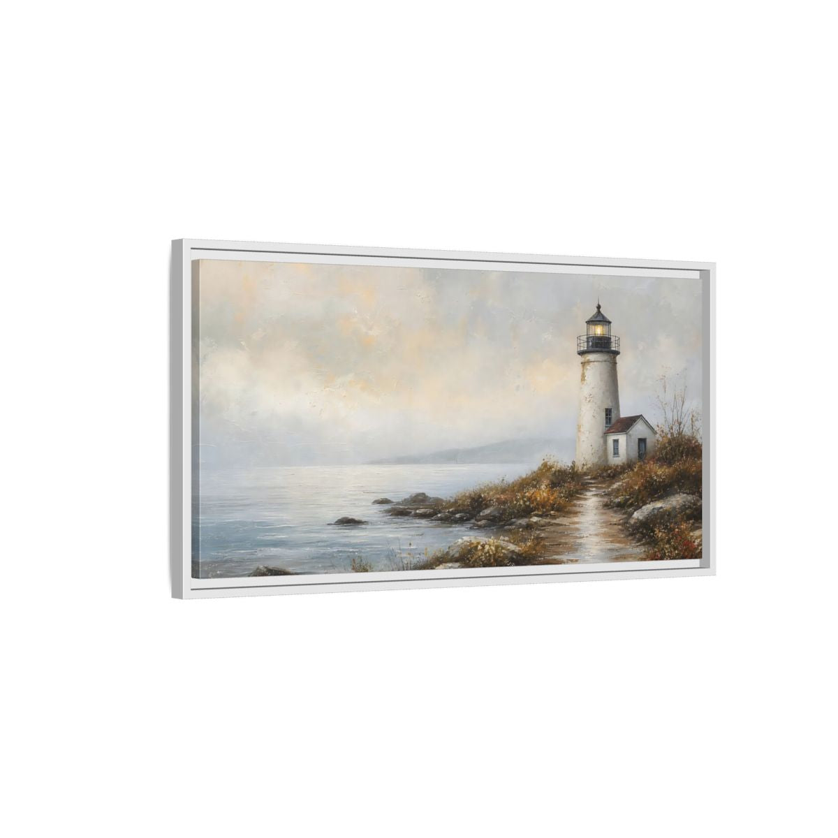 Side Mockup 1. Nature Lighthouse Misty Coastal shown as stretched canvas wall art