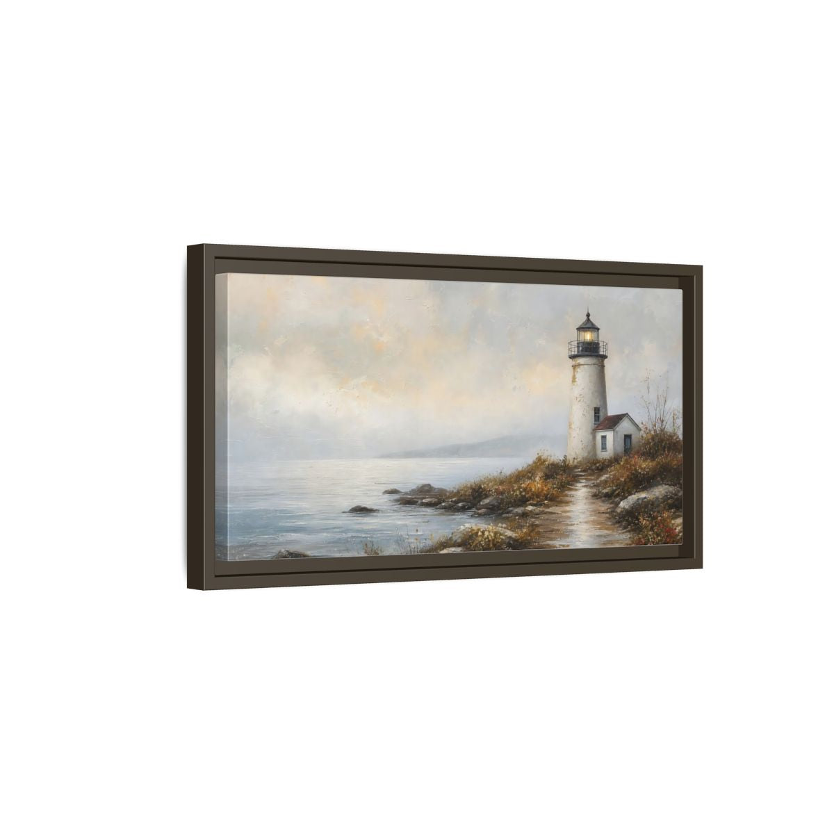 Side Mockup 7. Nature Lighthouse Misty Coastal shown as stretched canvas wall art
