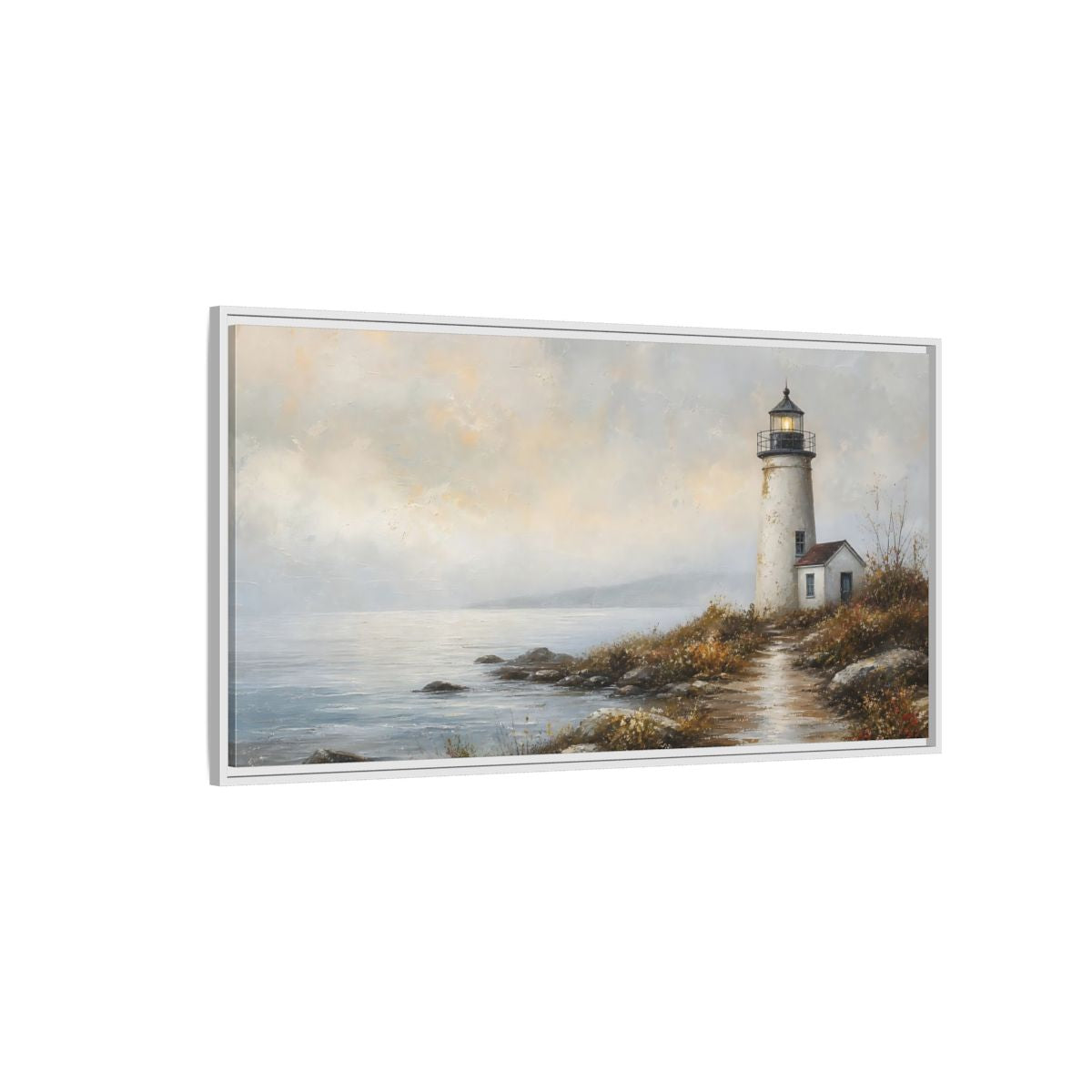 Side Mockup 3. Nature Lighthouse Misty Coastal shown as stretched canvas wall art