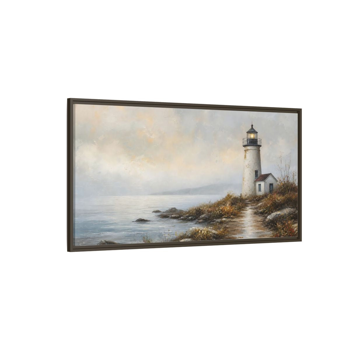 Side Mockup 4. Nature Lighthouse Misty Coastal shown as stretched canvas wall art