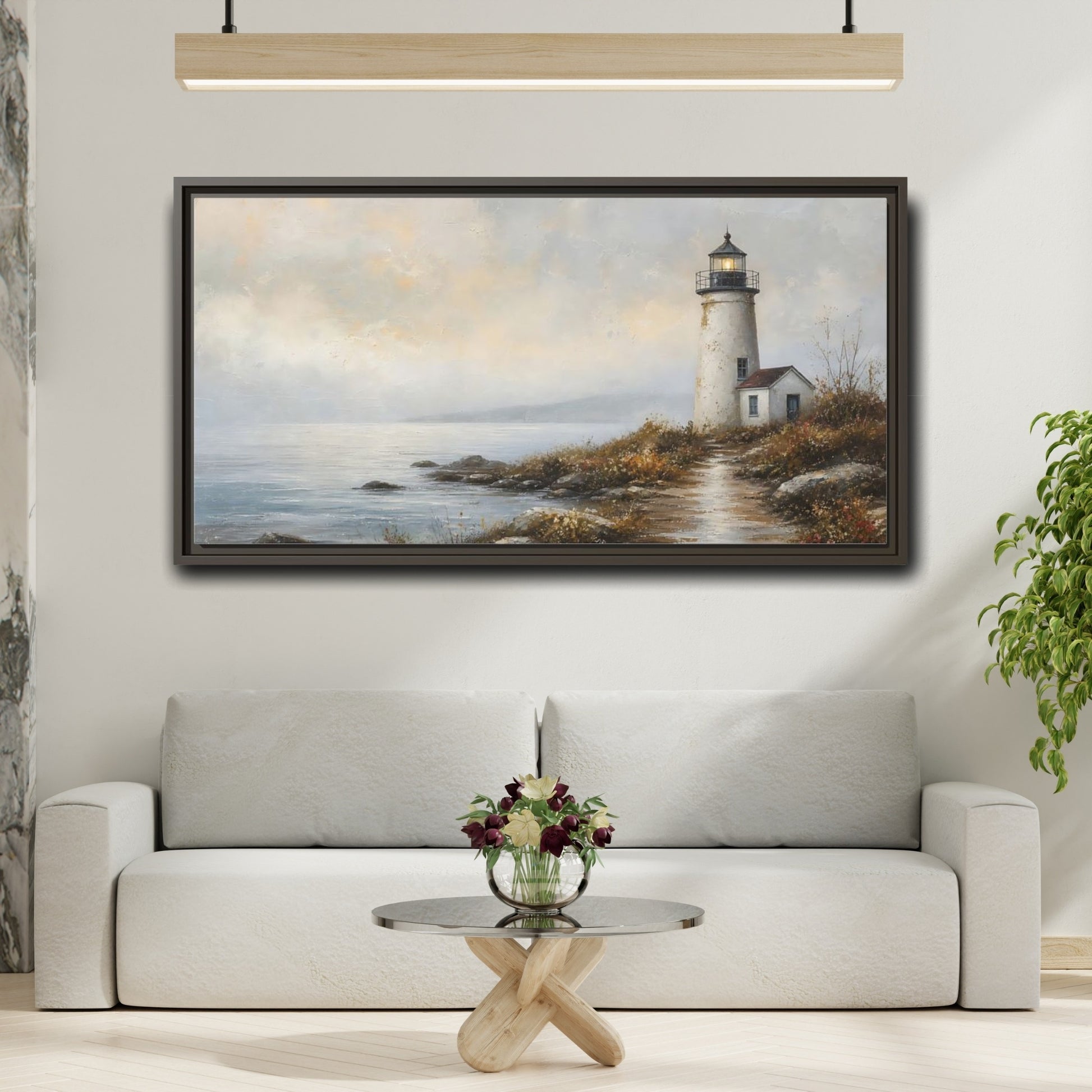 Mockup 2. Nature Lighthouse Misty Coastal shown as stretched canvas wall art