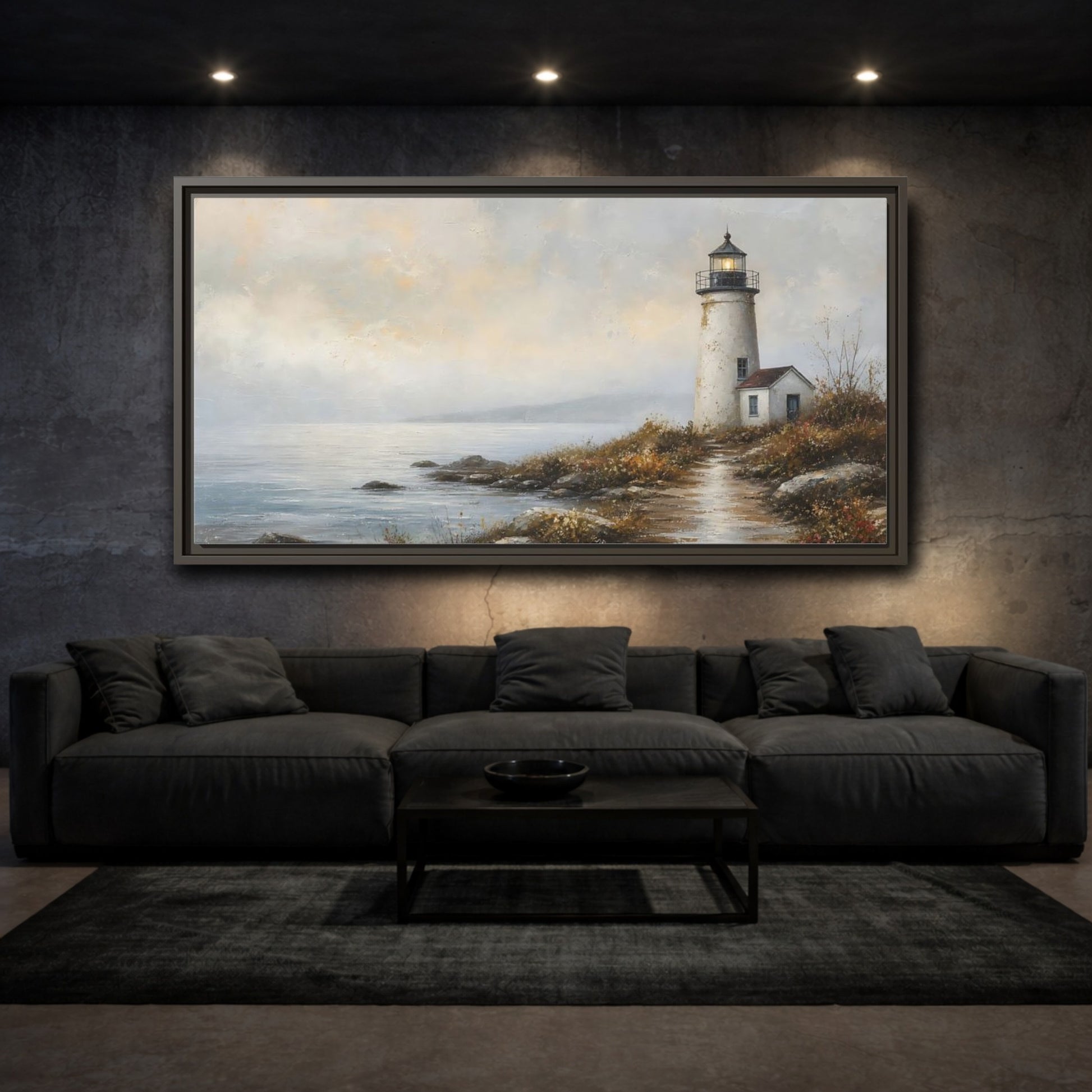 Mockup 3. Nature Lighthouse Misty Coastal shown as stretched canvas wall art