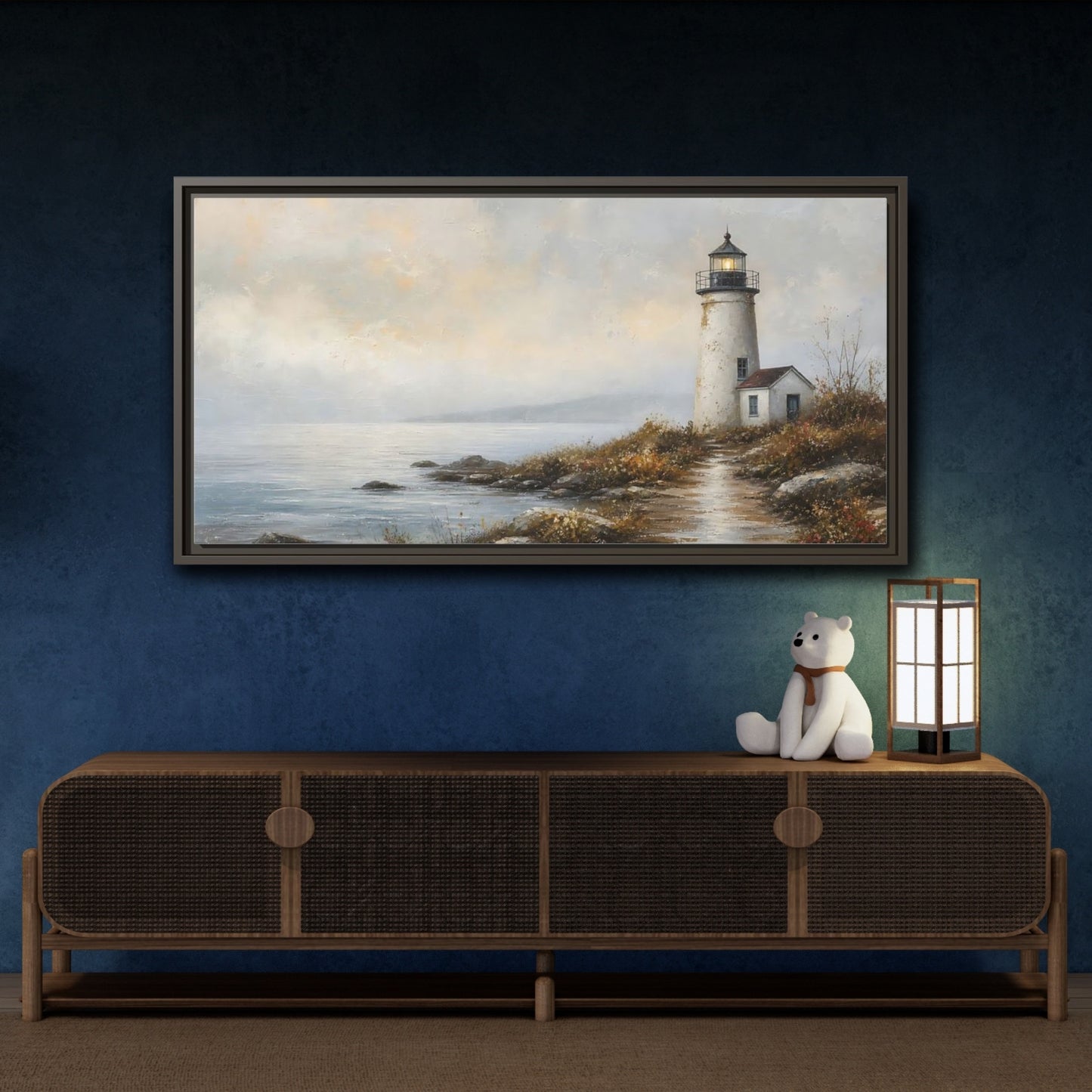 Mockup 4. Nature Lighthouse Misty Coastal shown as stretched canvas wall art