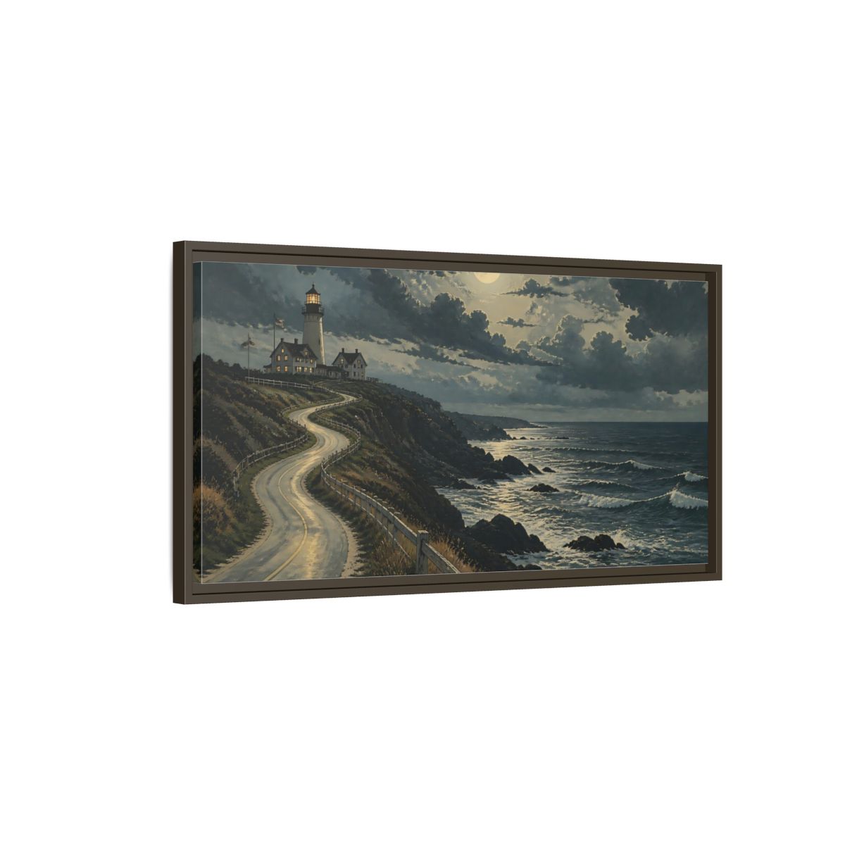 Main Mockup. Nature Lighthouse Moonlit Coastal Scene shown as stretched canvas wall art