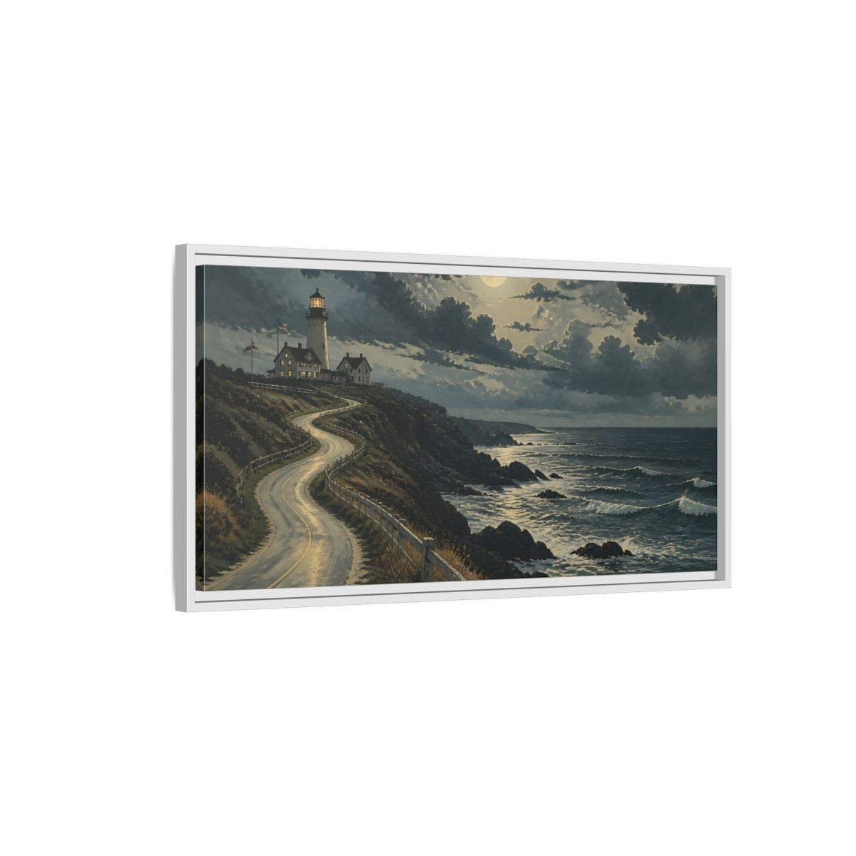 Side Mockup 1. Nature Lighthouse Moonlit Coastal Scene shown as stretched canvas wall art