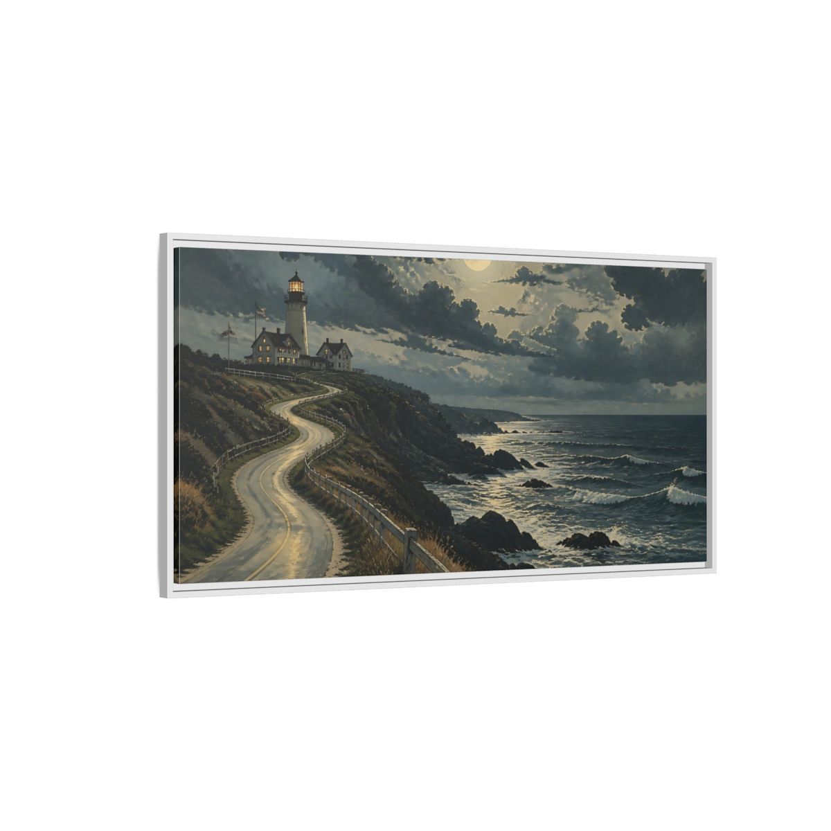 Side Mockup 3. Nature Lighthouse Moonlit Coastal Scene shown as stretched canvas wall art