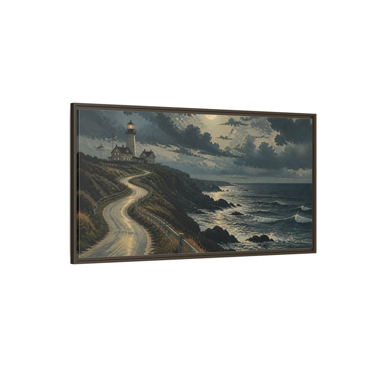 Side Mockup 4. Nature Lighthouse Moonlit Coastal Scene shown as stretched canvas wall art