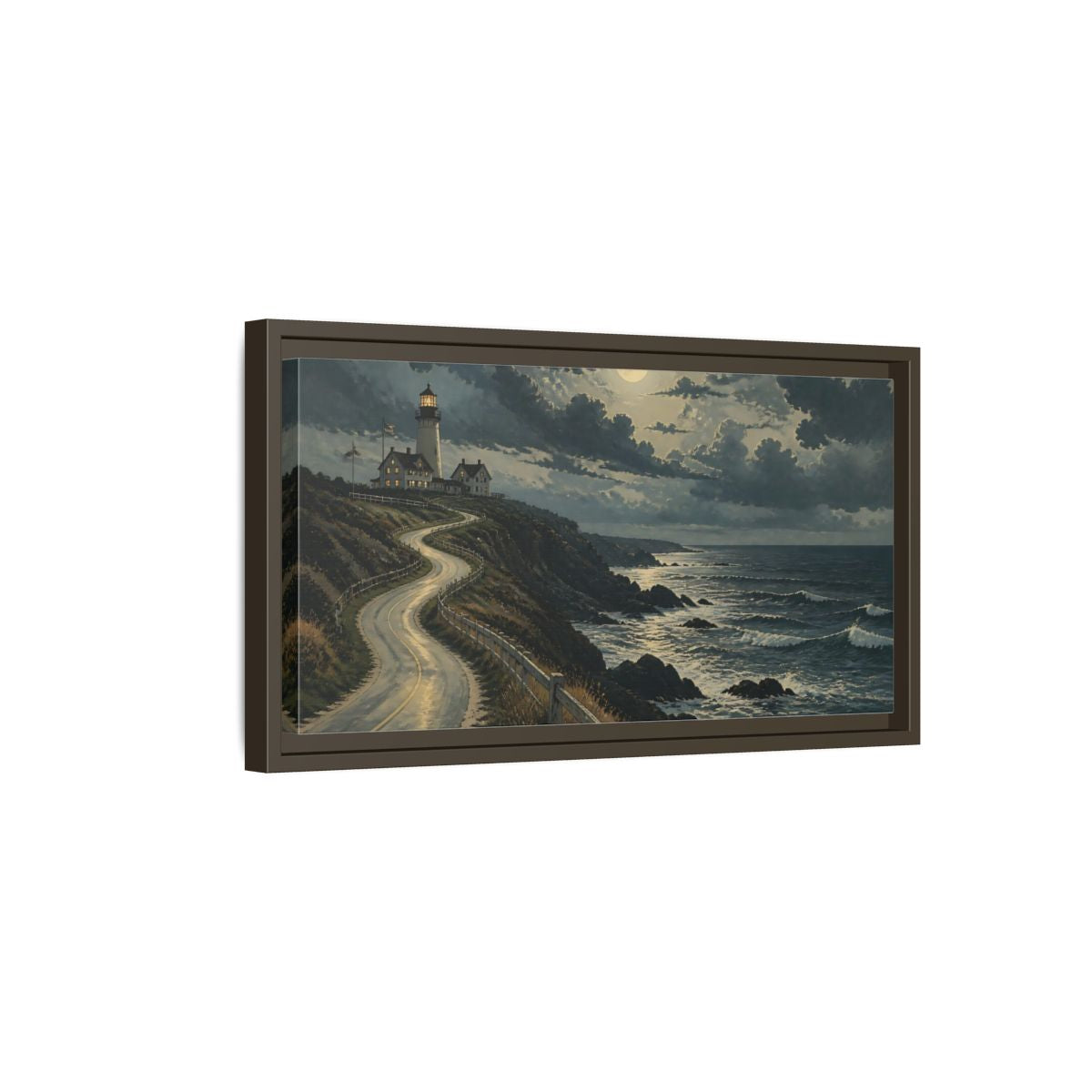 Side Mockup 7. Nature Lighthouse Moonlit Coastal Scene shown as stretched canvas wall art