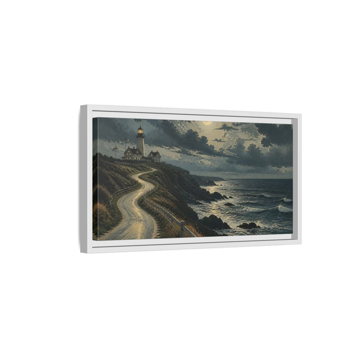 Side Mockup 6. Nature Lighthouse Moonlit Coastal Scene shown as stretched canvas wall art