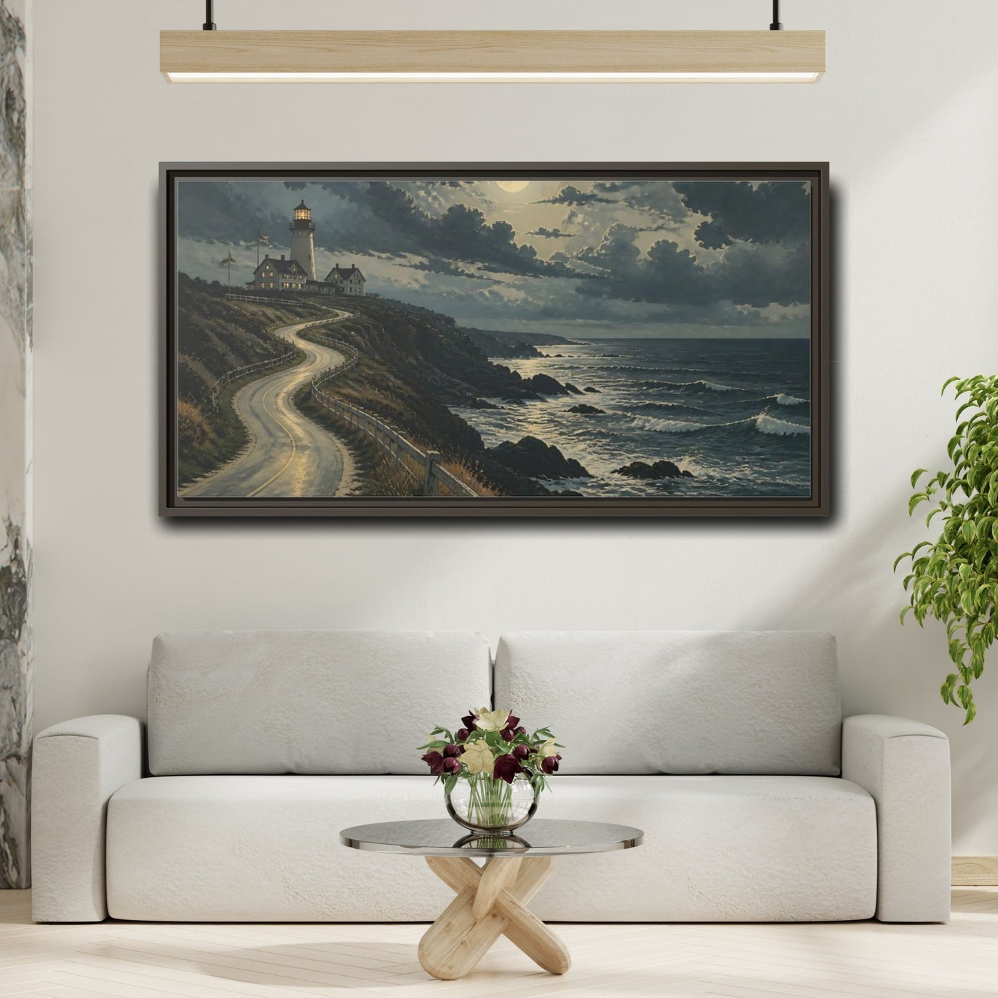 Mockup 2. Nature Lighthouse Moonlit Coastal Scene shown as stretched canvas wall art
