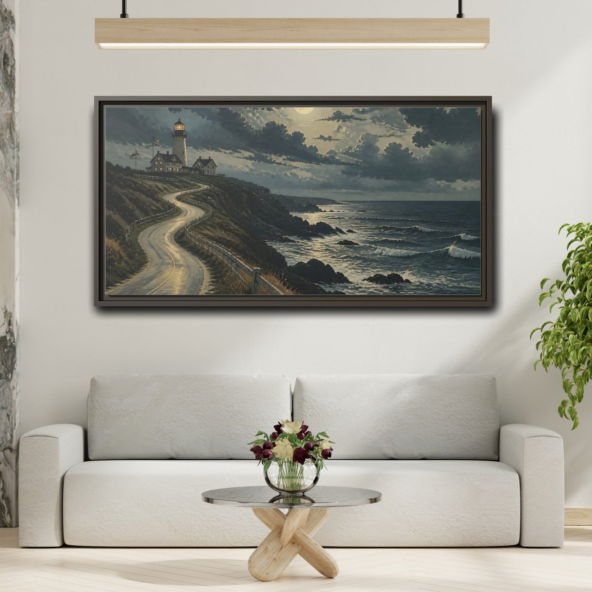 Mockup 2. Nature Lighthouse Moonlit Coastal Scene shown as stretched canvas wall art