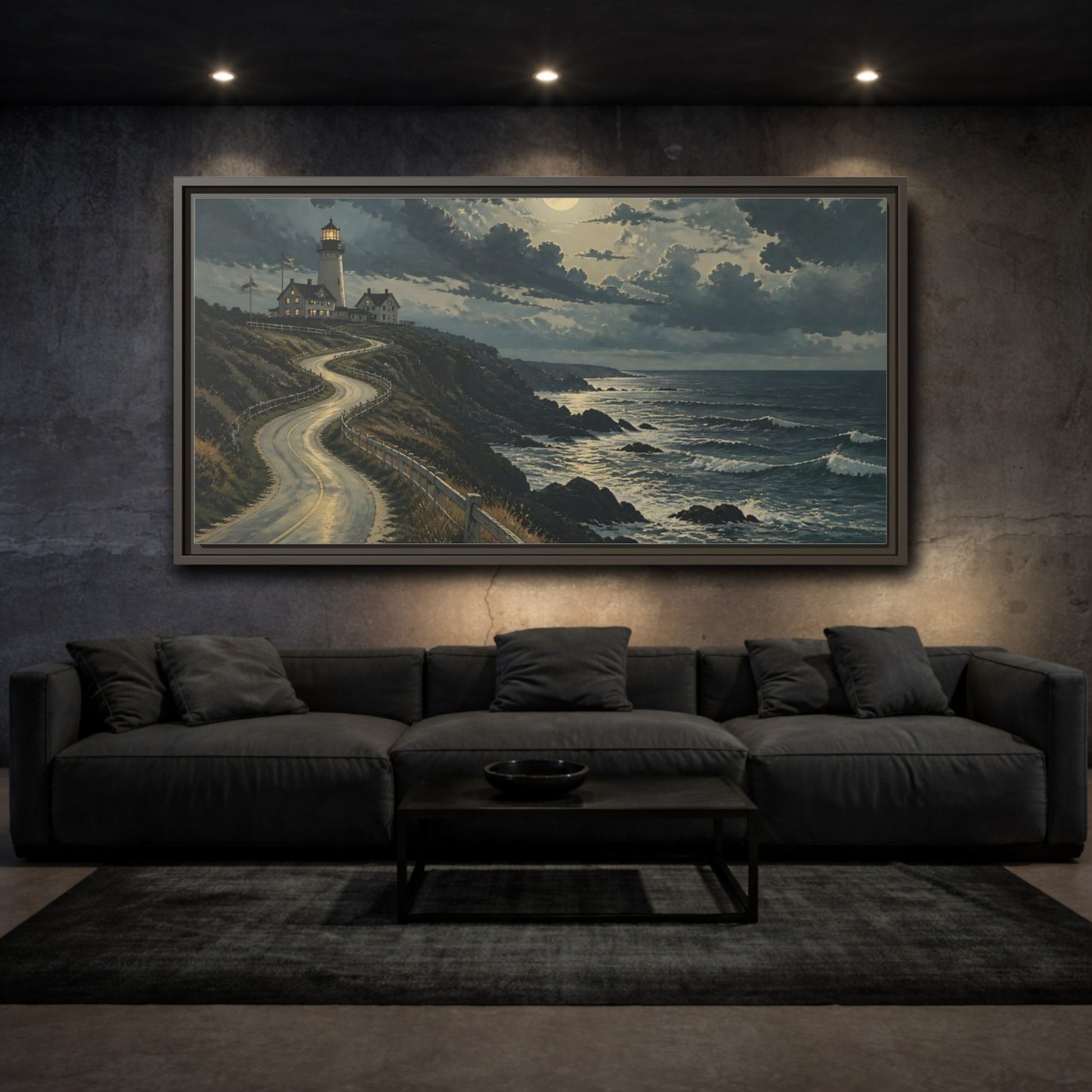 Mockup 3. Nature Lighthouse Moonlit Coastal Scene shown as stretched canvas wall art