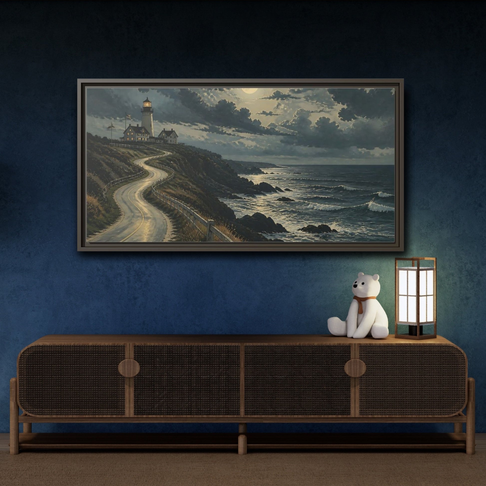 Mockup 4. Nature Lighthouse Moonlit Coastal Scene shown as stretched canvas wall art