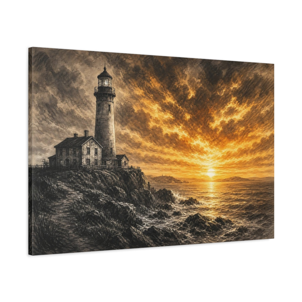 Main Mockup. Nature Lighthouse Orange And Black shown as stretched canvas wall art
