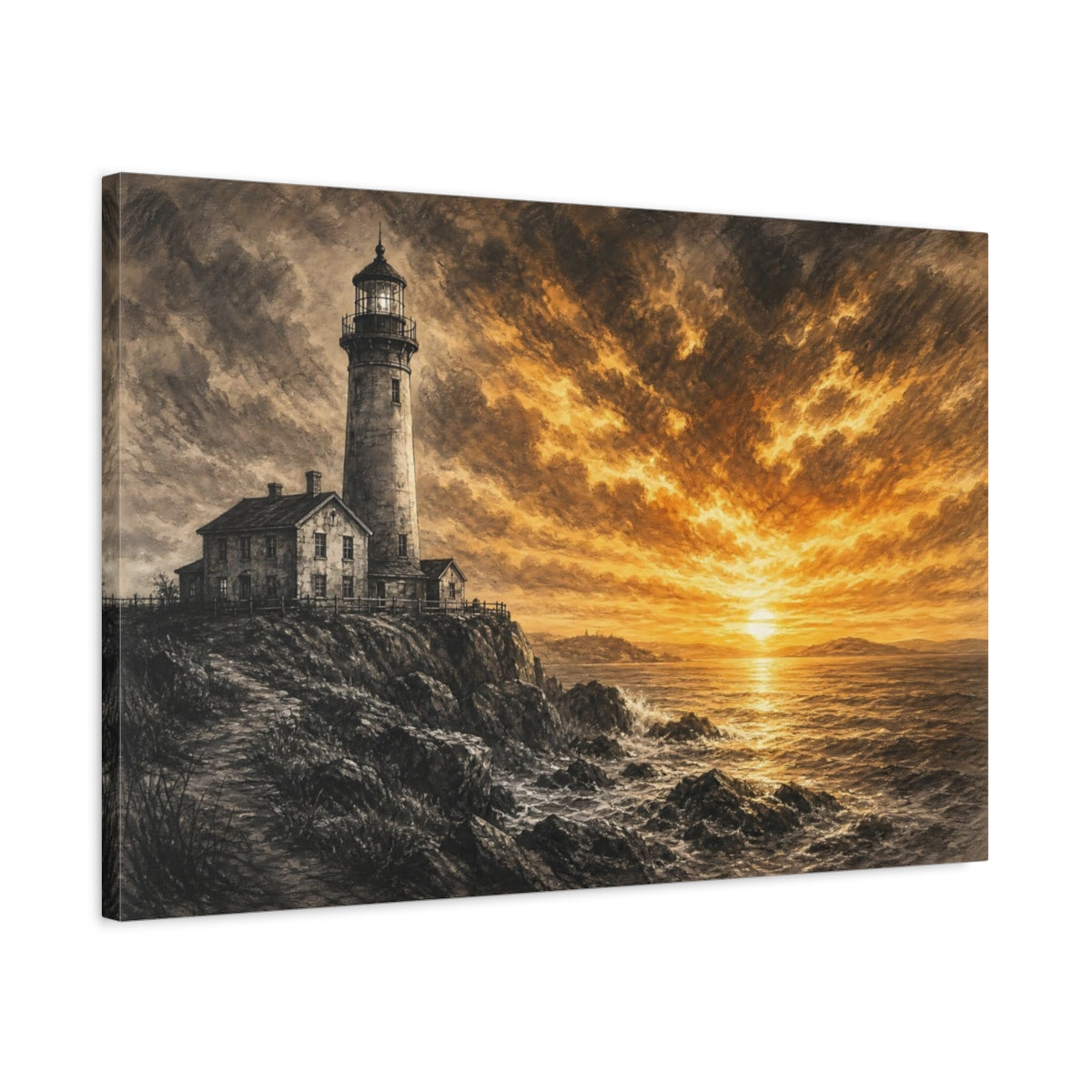 Side Mockup 2. Nature Lighthouse Orange And Black shown as stretched canvas wall art