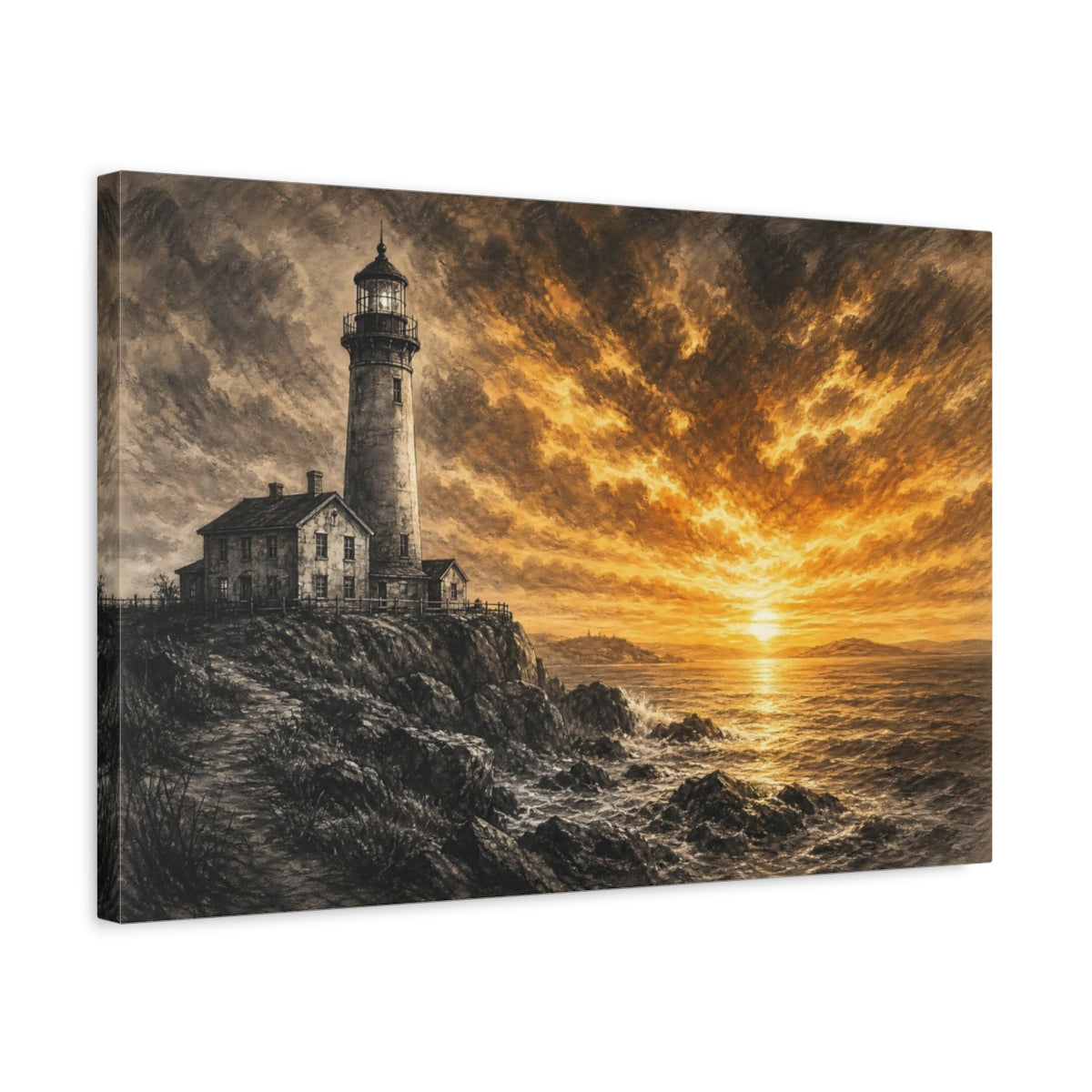 Side Mockup 3. Nature Lighthouse Orange And Black shown as stretched canvas wall art