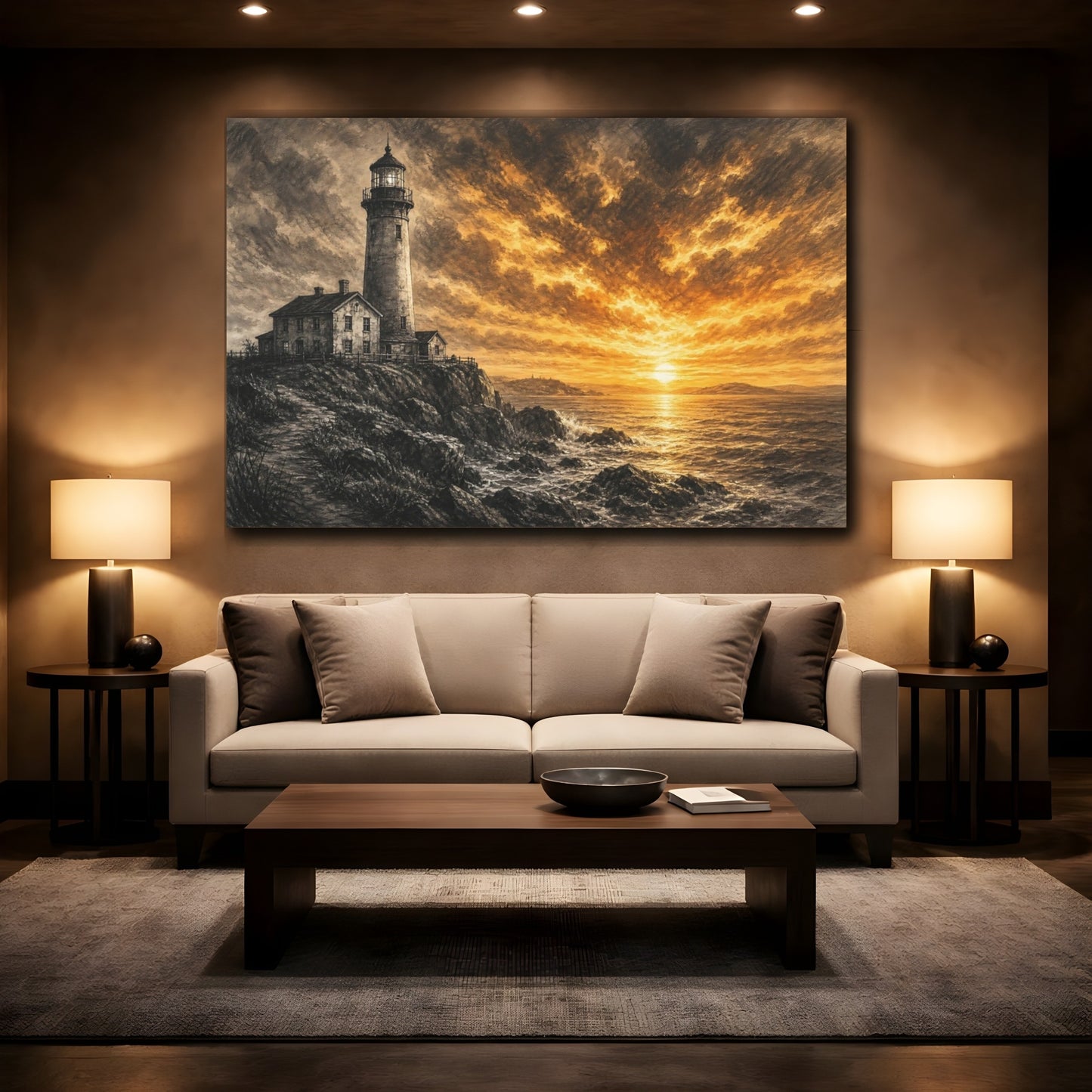 Mockup 2. Nature Lighthouse Orange And Black shown as stretched canvas wall art