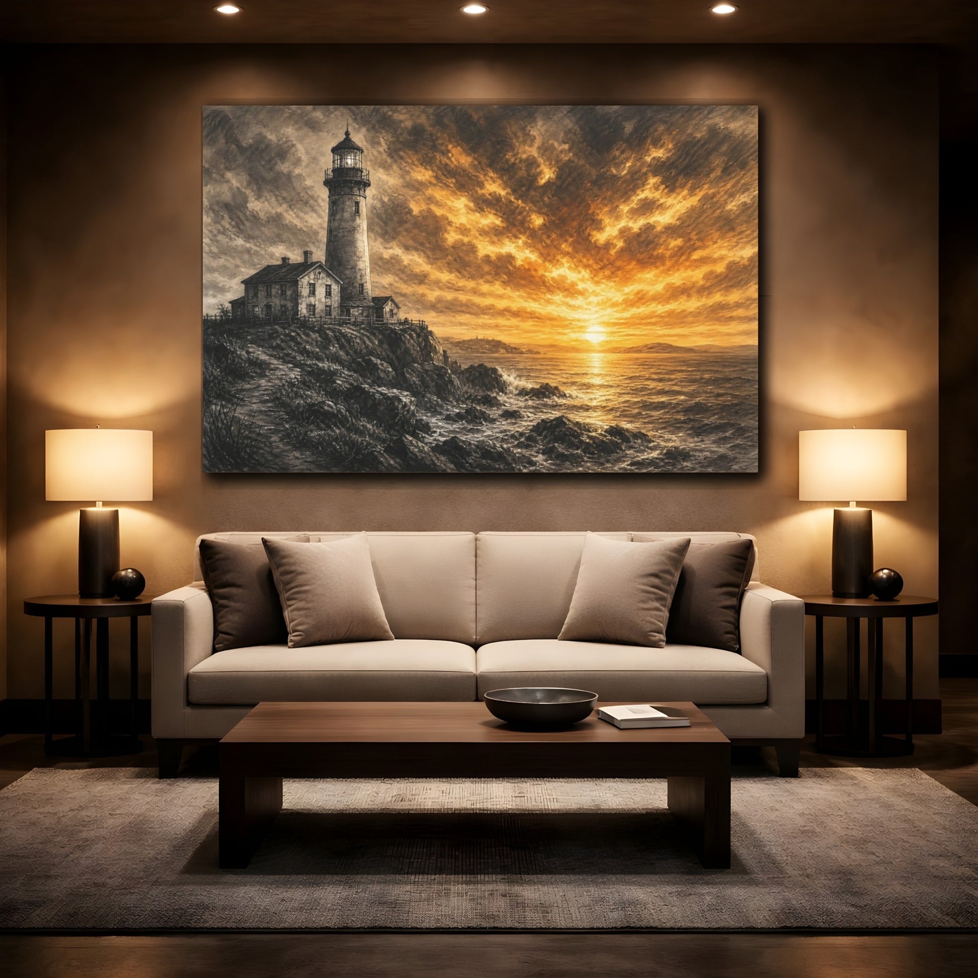 Mockup 2. Nature Lighthouse Orange And Black shown as stretched canvas wall art
