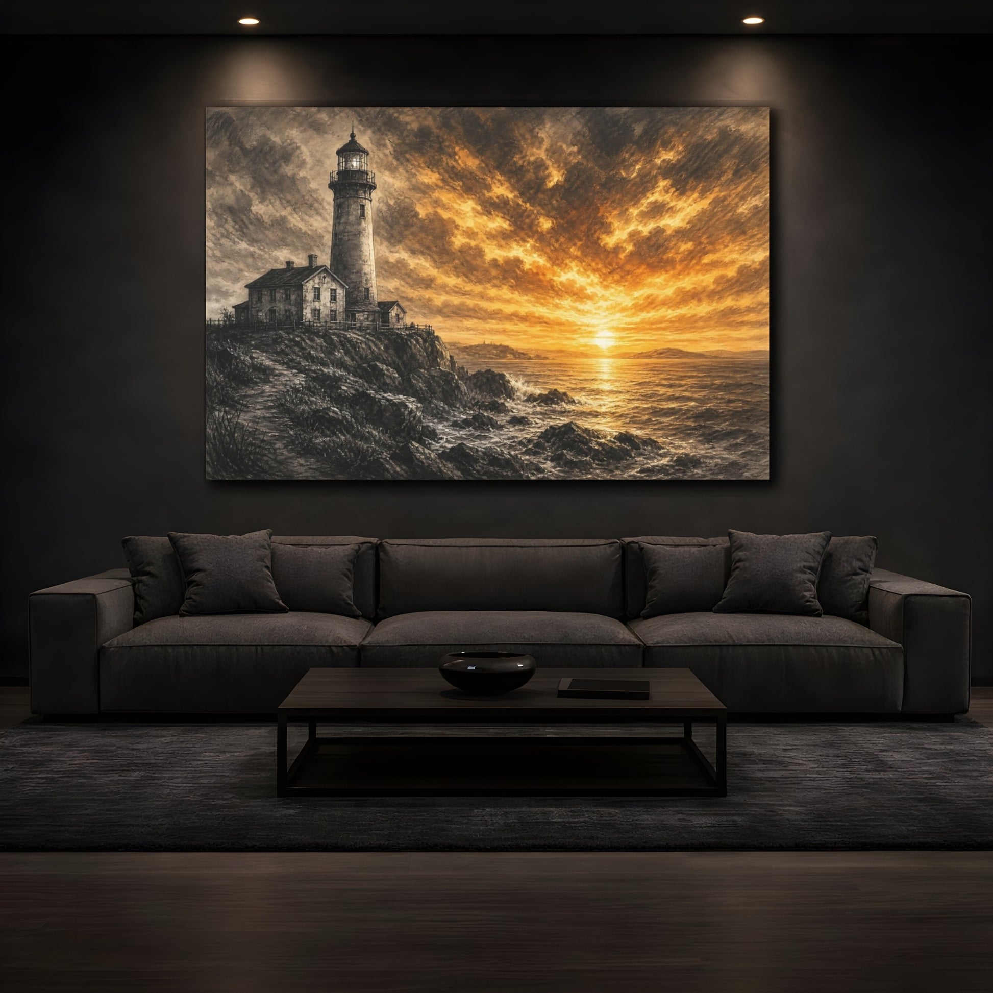 Mockup 3. Nature Lighthouse Orange And Black shown as stretched canvas wall art