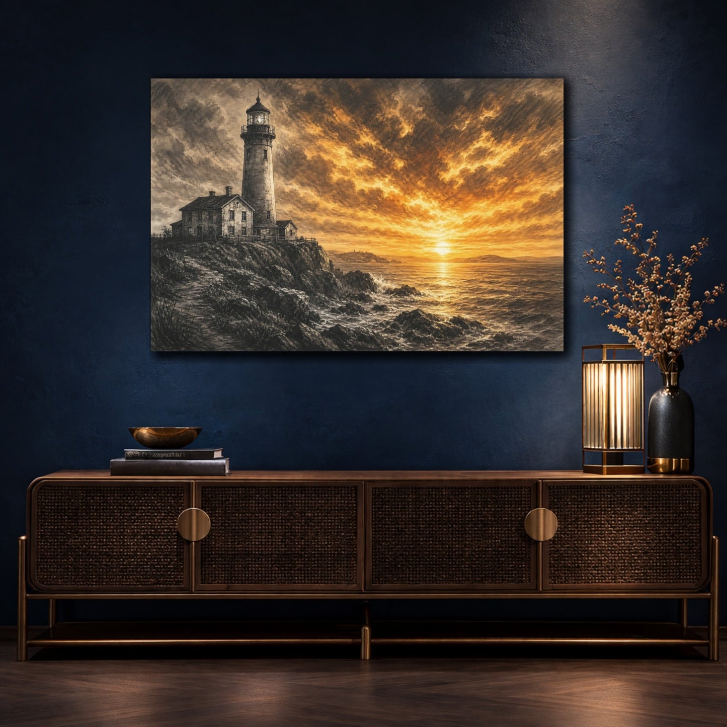 Mockup 4. Nature Lighthouse Orange And Black shown as stretched canvas wall art