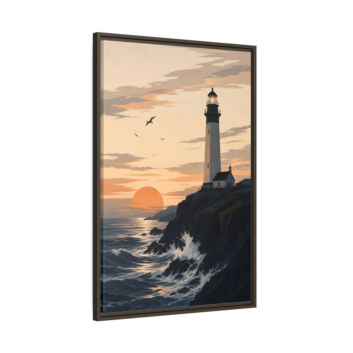 Main Mockup. Nature Lighthouse Orange And Blue shown as stretched canvas wall art